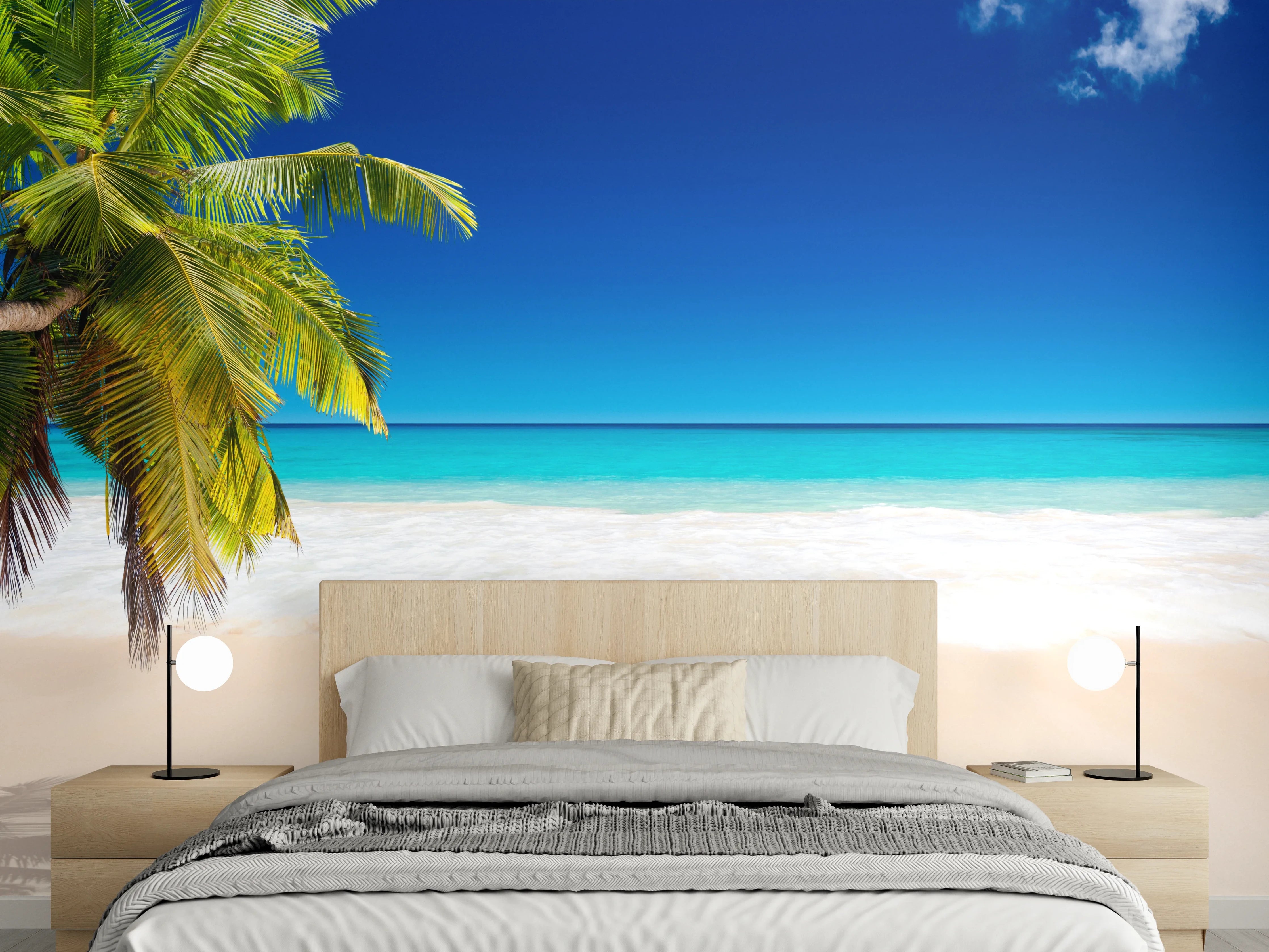 Wandverkleidung Schlafzimmer - Karibikstrand Palme türkisblau