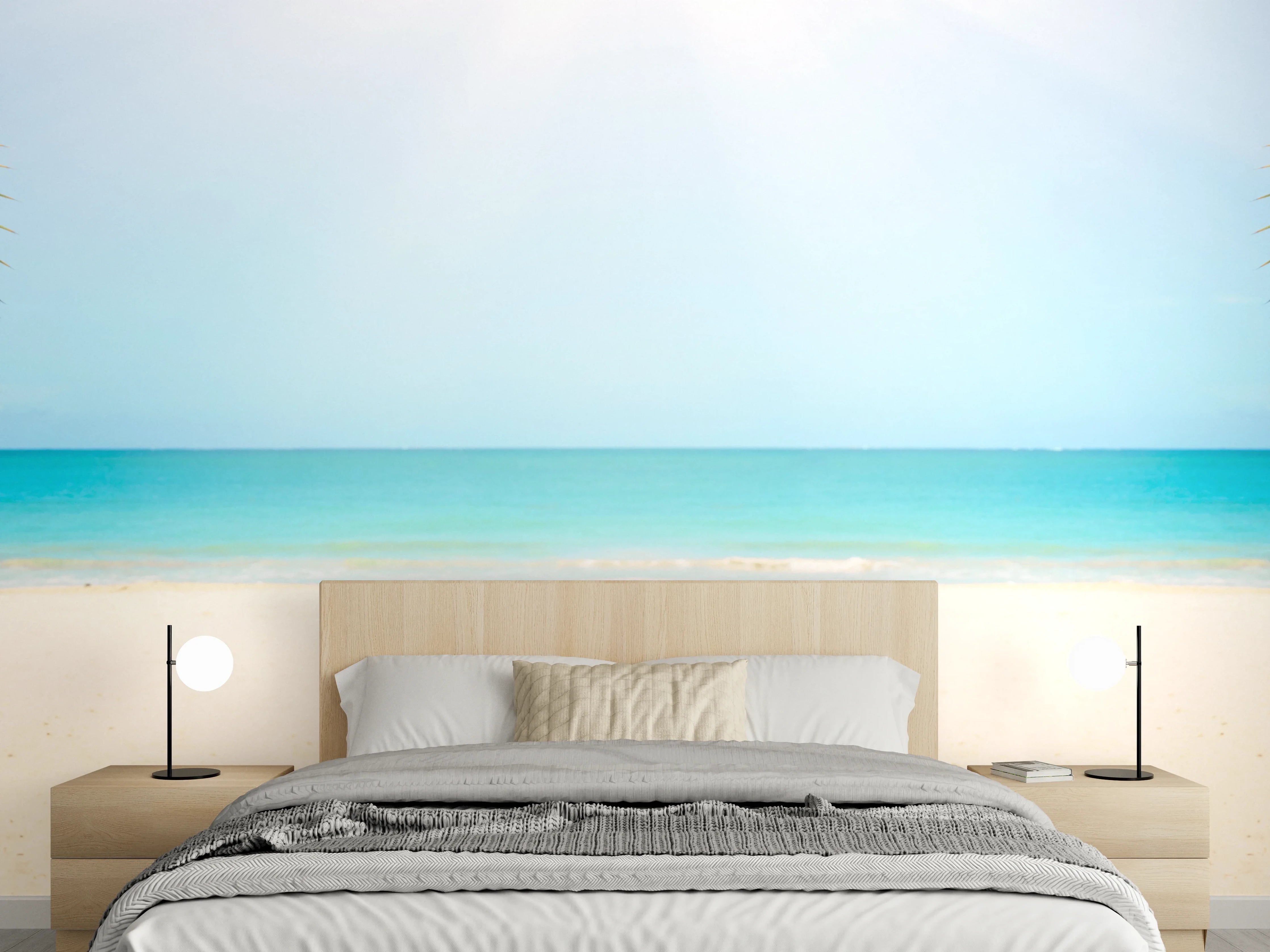 Wandverkleidung Schlafzimmer - Karibischer Sandstrand Oase Fototapete