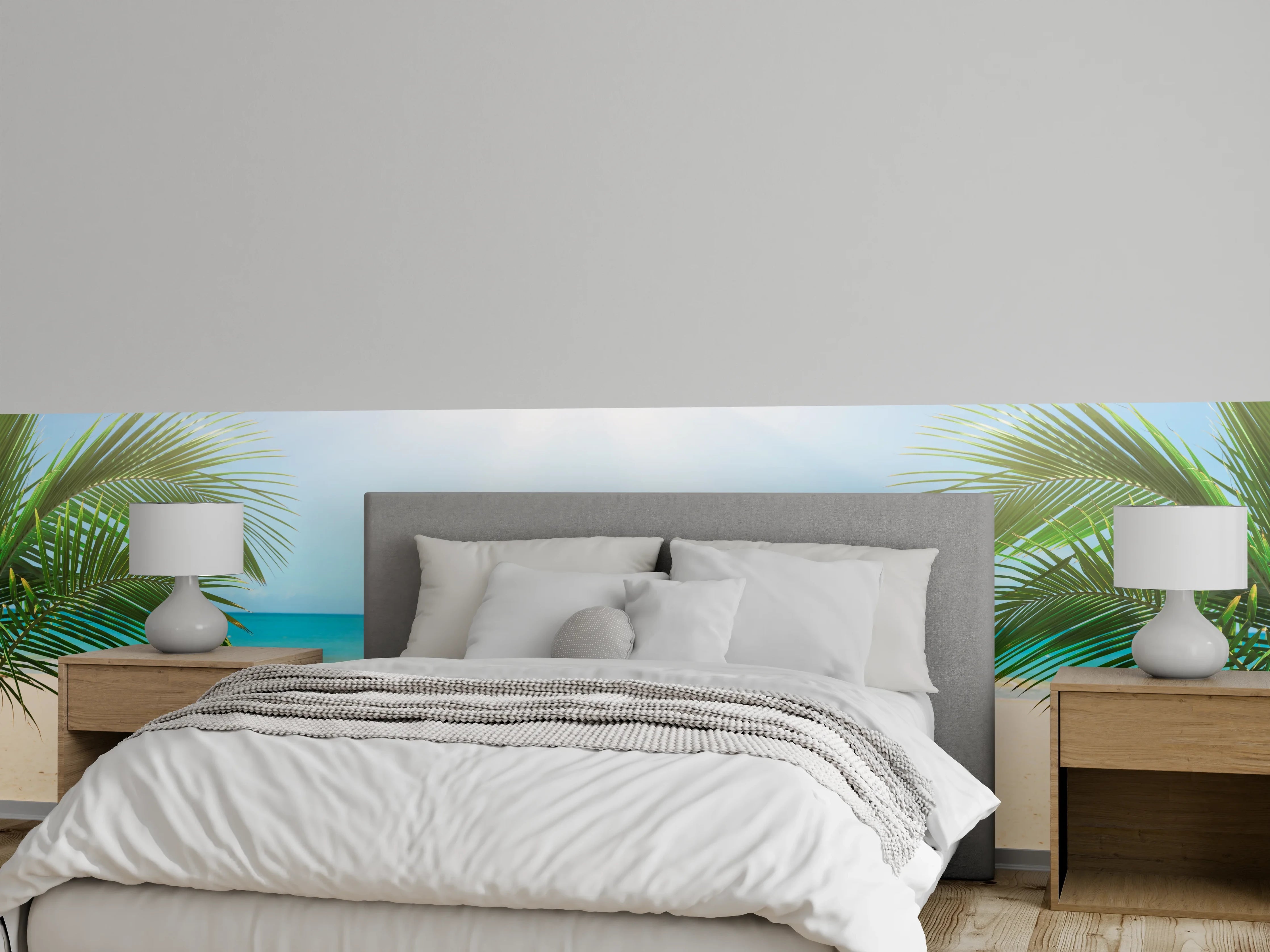 Wandverkleidung Schlafzimmer - Karibischer Sandstrand Oase Fototapete
