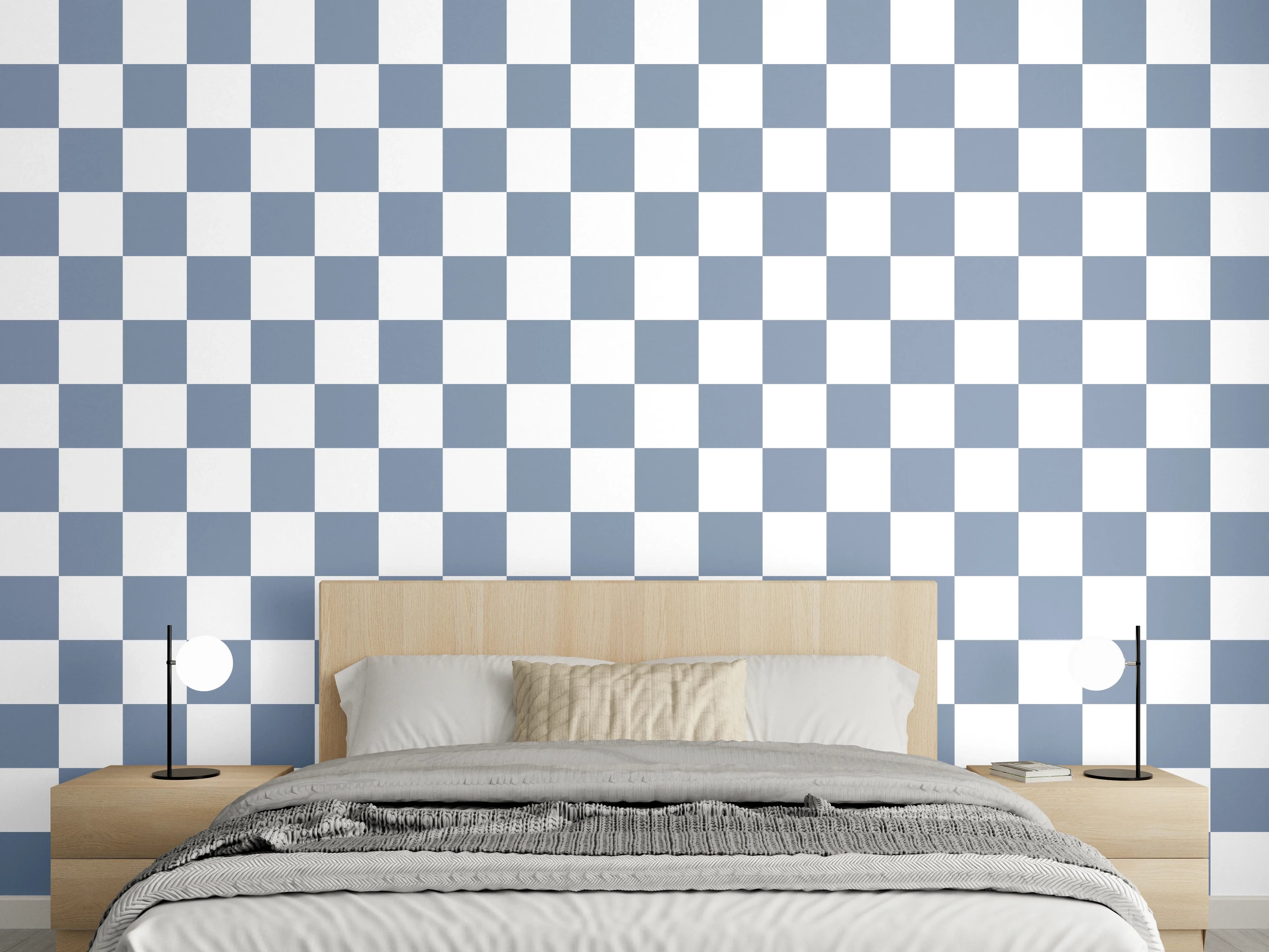 Wandverkleidung Schlafzimmer - Kariertes Gittermuster in Blau-Weiß