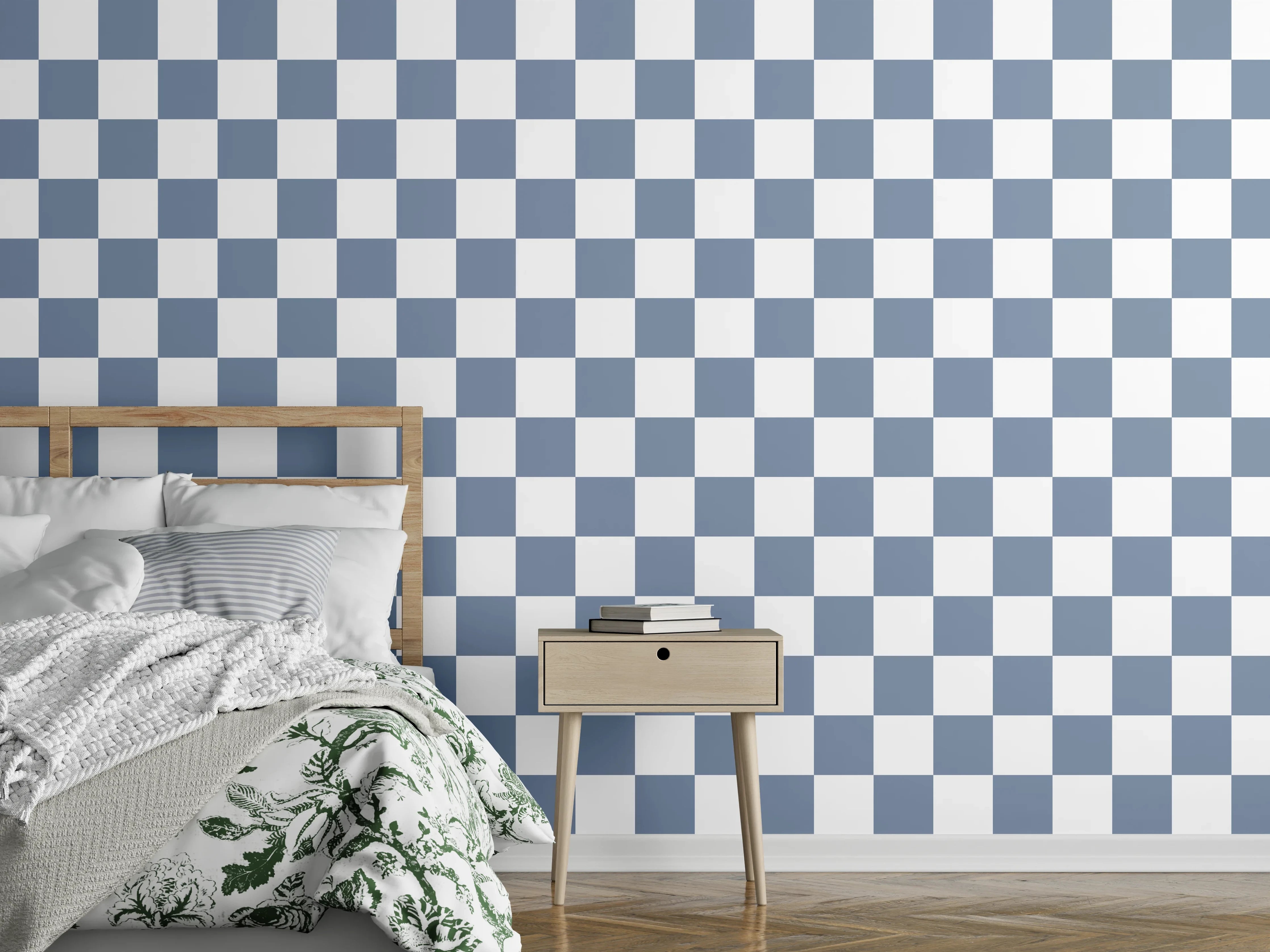 Wandverkleidung Schlafzimmer - Kariertes Gittermuster in Blau-Weiß