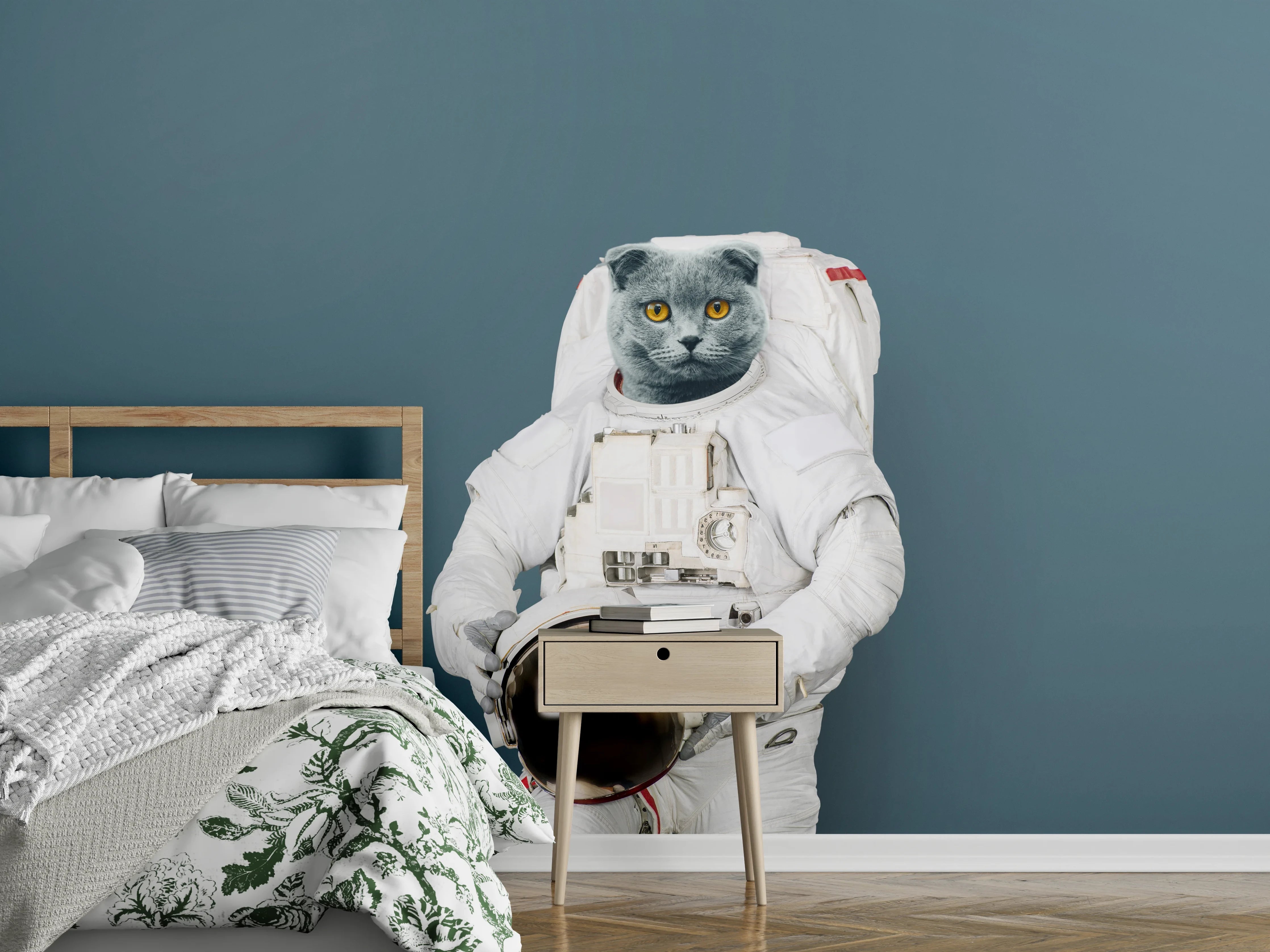 Wandverkleidung Schlafzimmer - Katzen-Astronaut Grau-Helm