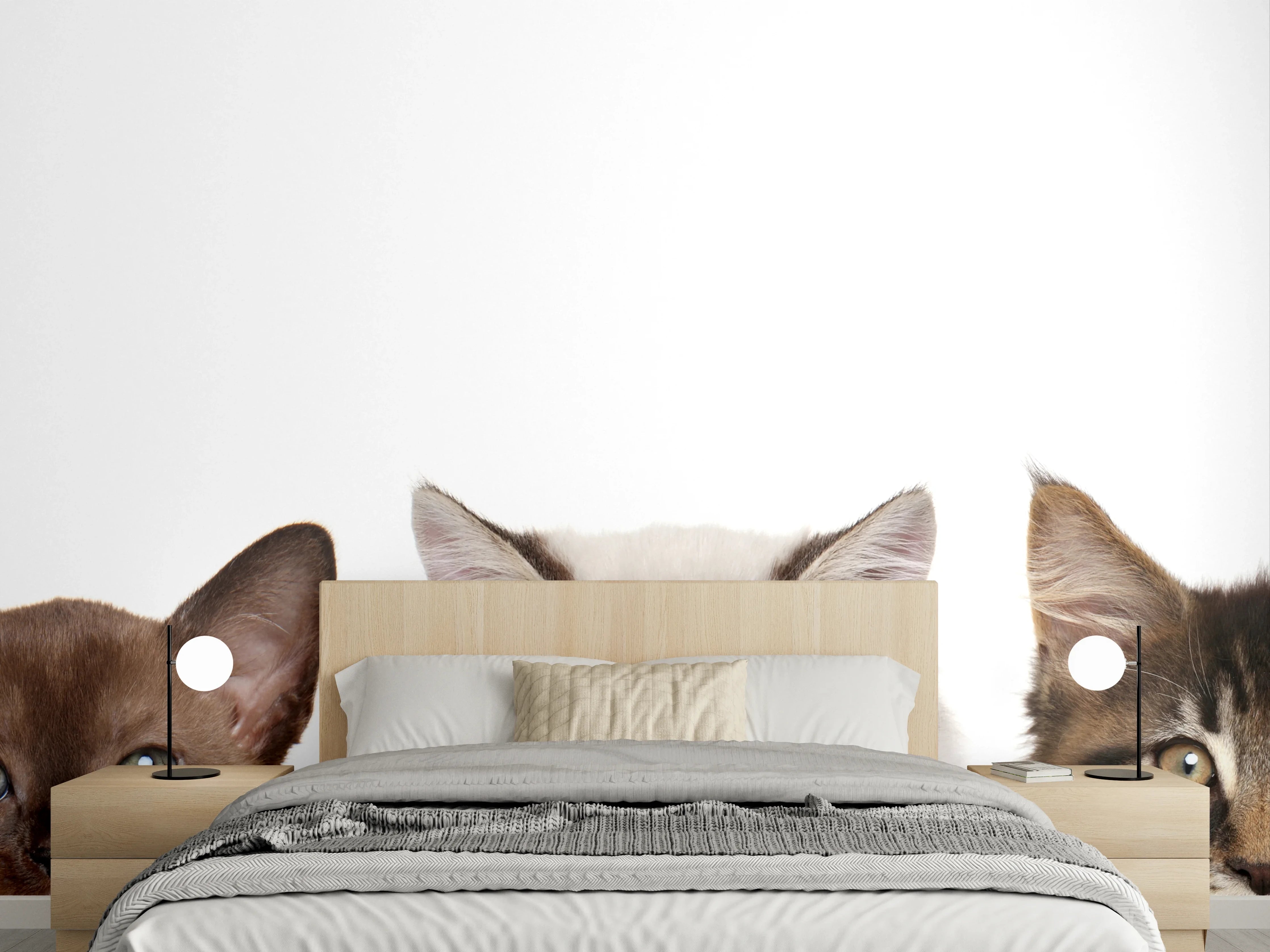 Wandverkleidung Schlafzimmer - Katzen-Kopf-Reihe in Weiß-Grau