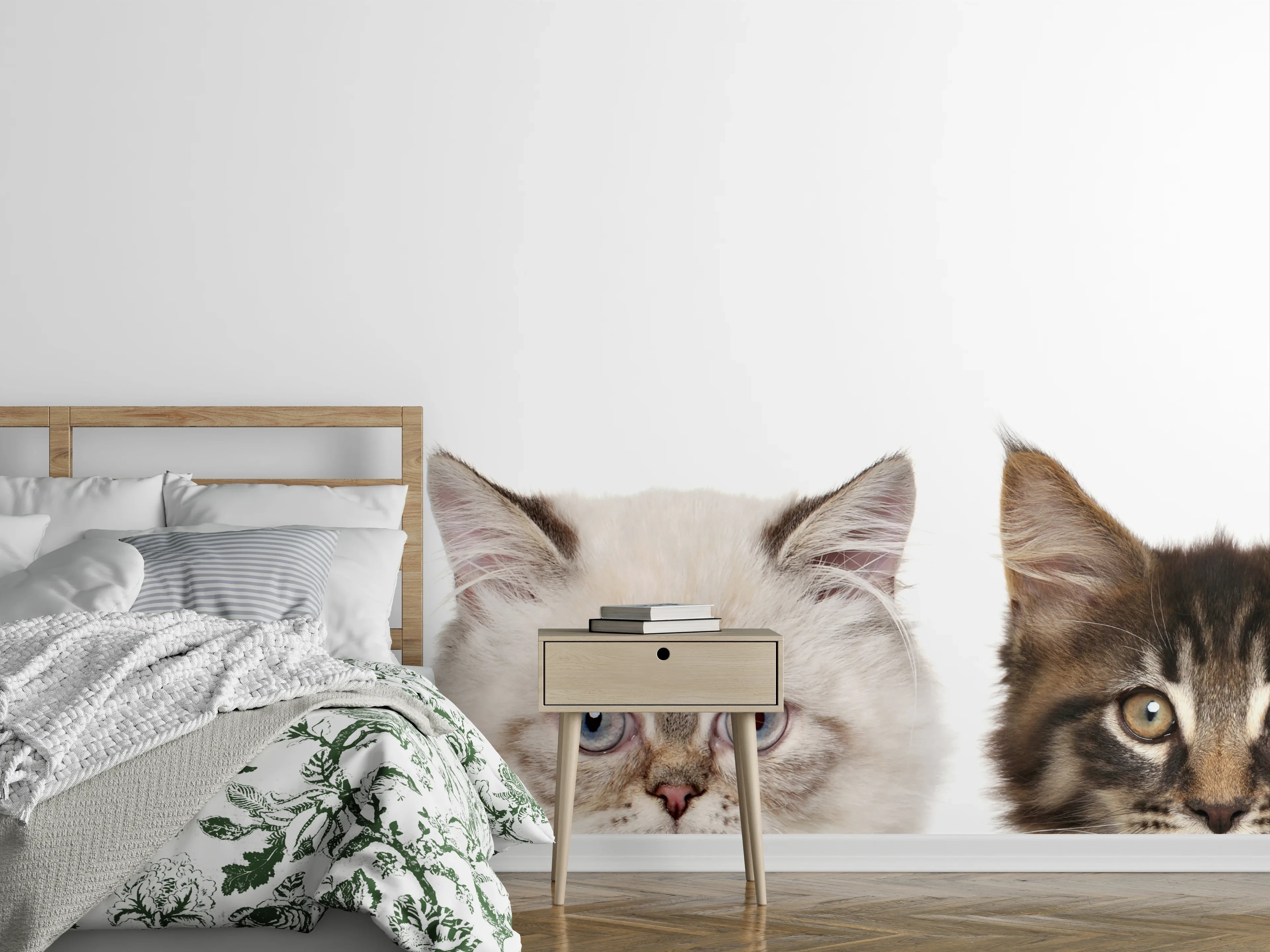 Wandverkleidung Schlafzimmer - Katzen-Kopf-Reihe in Weiß-Grau