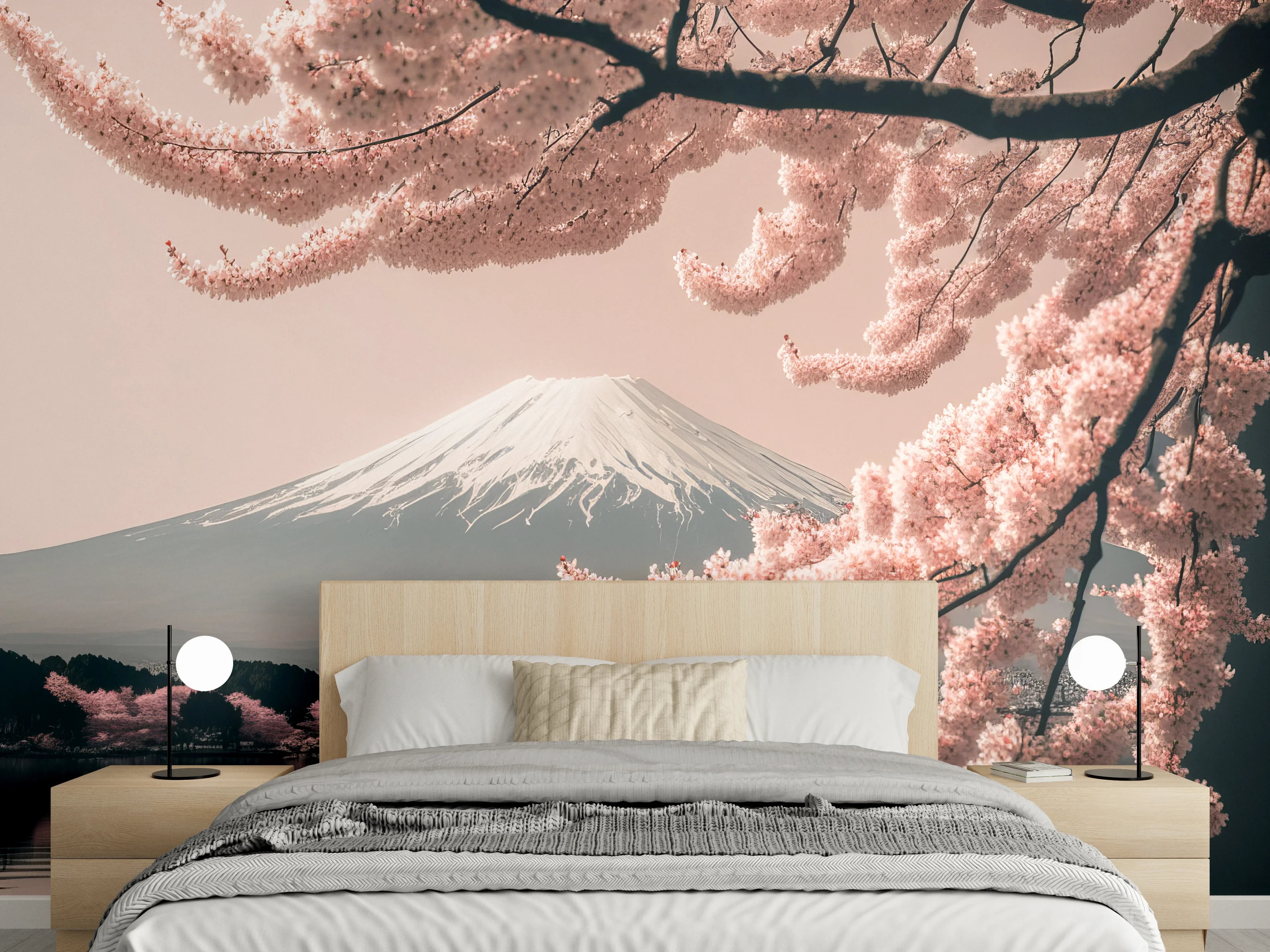 Wandverkleidung Schlafzimmer - Kirschblüte vor dem Fuji – Wandkunst