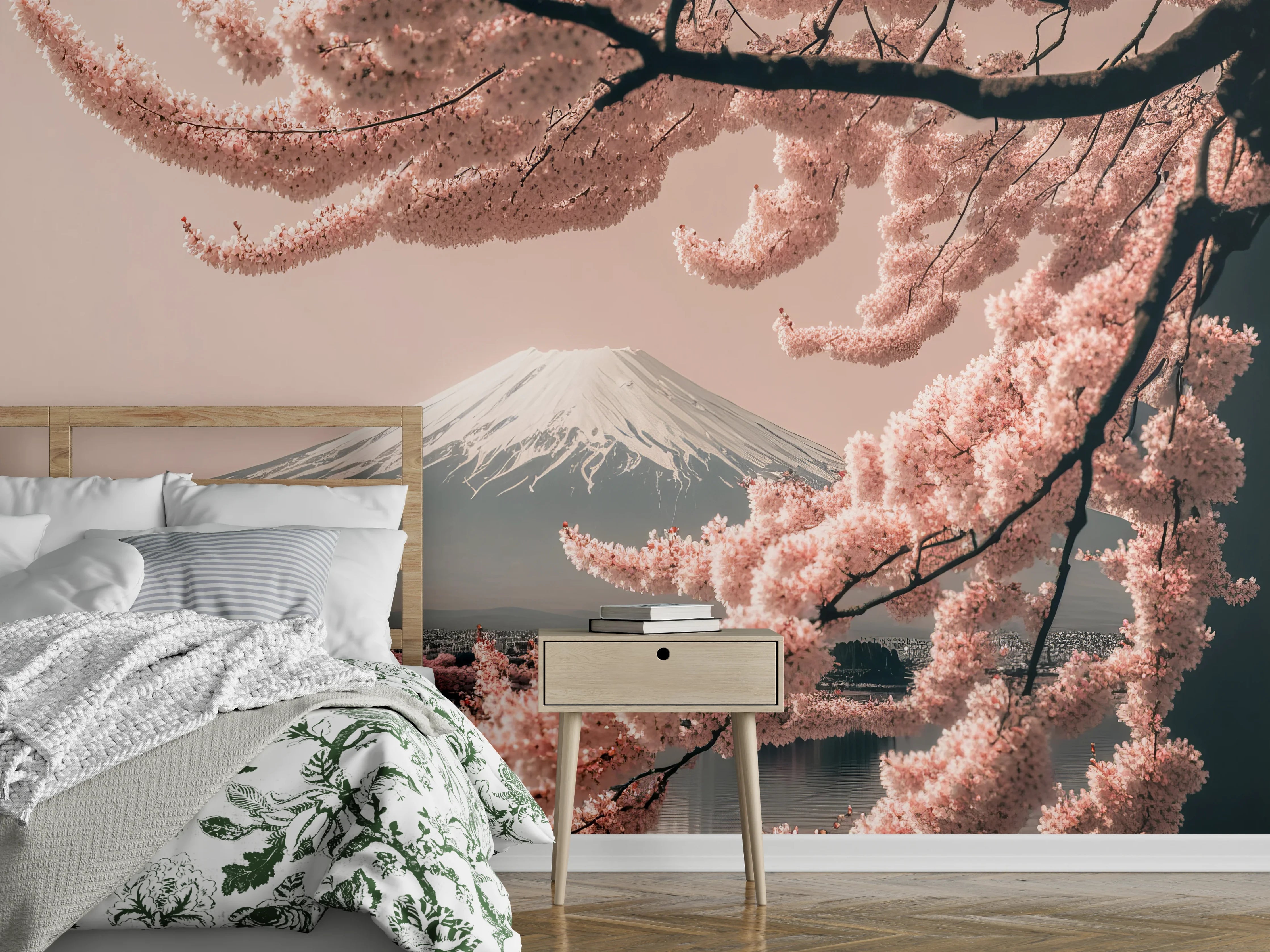 Wandverkleidung Schlafzimmer - Kirschblüte vor dem Fuji – Wandkunst