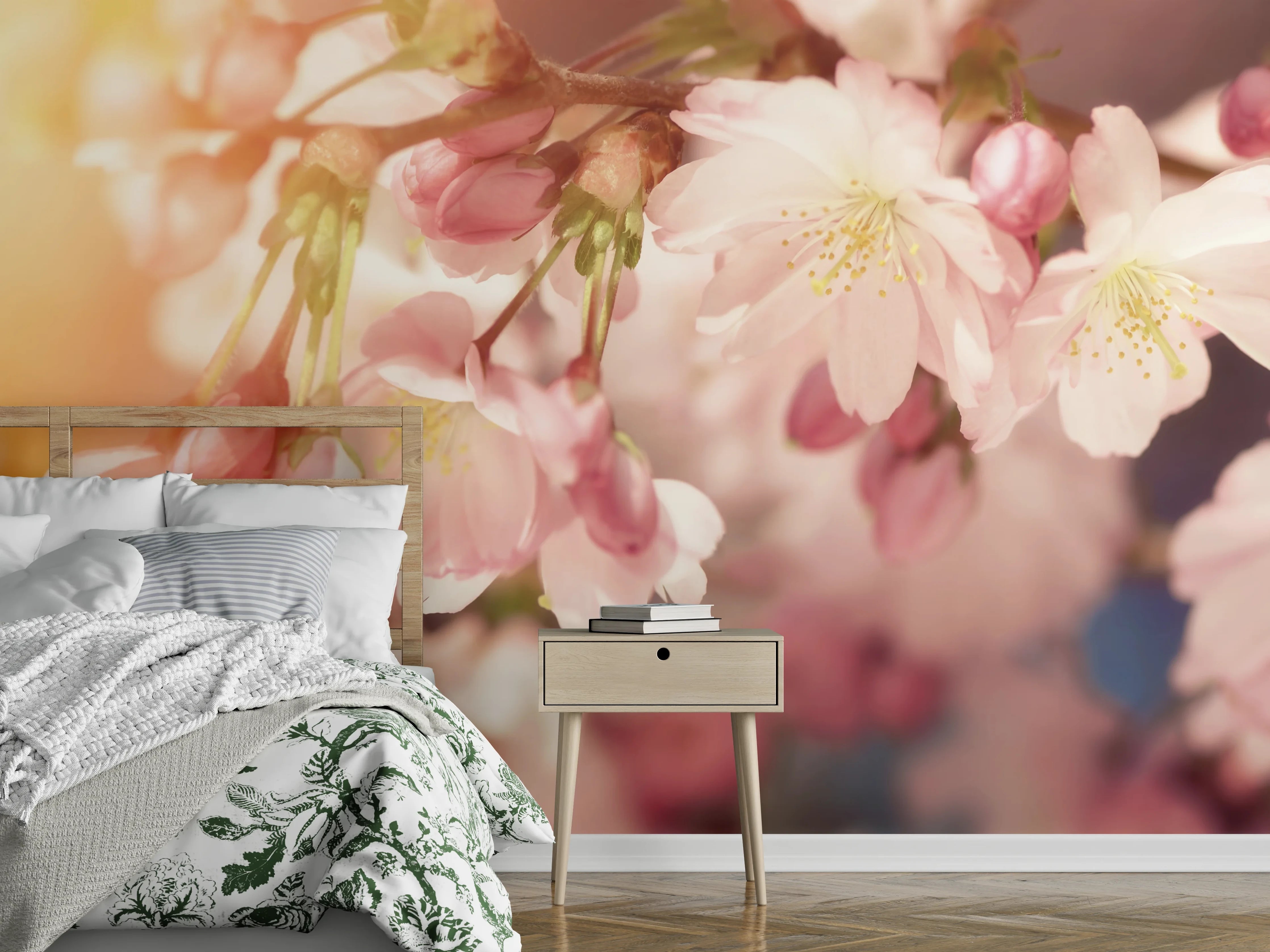 Wandverkleidung Schlafzimmer - Kirschblüten Zweig Sonnenlicht Fotokunst
