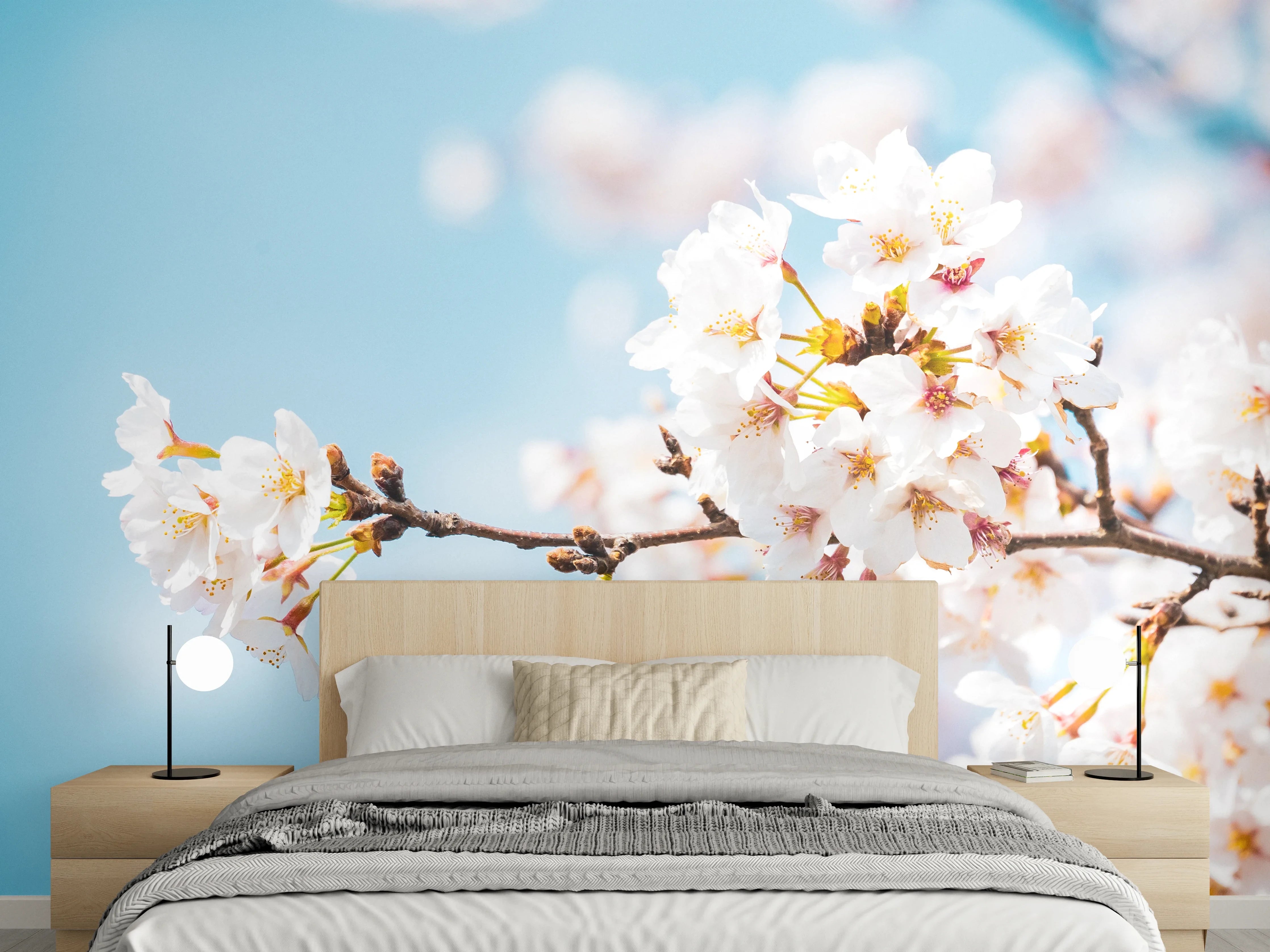 Wandverkleidung Schlafzimmer - Kirschblüten Zweig auf blauem Himmel
