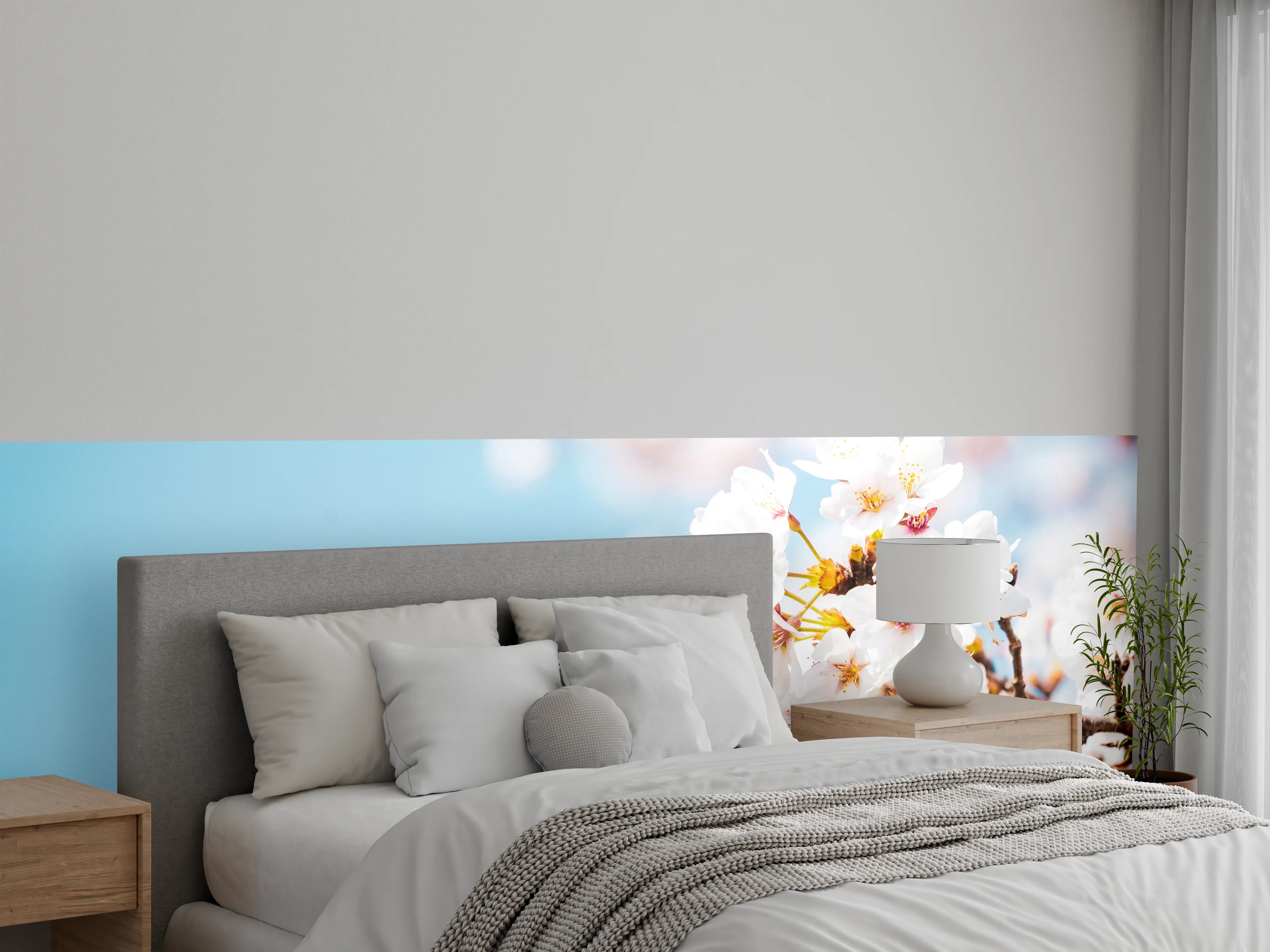 Wandverkleidung Schlafzimmer - Kirschblüten Zweig auf blauem Himmel