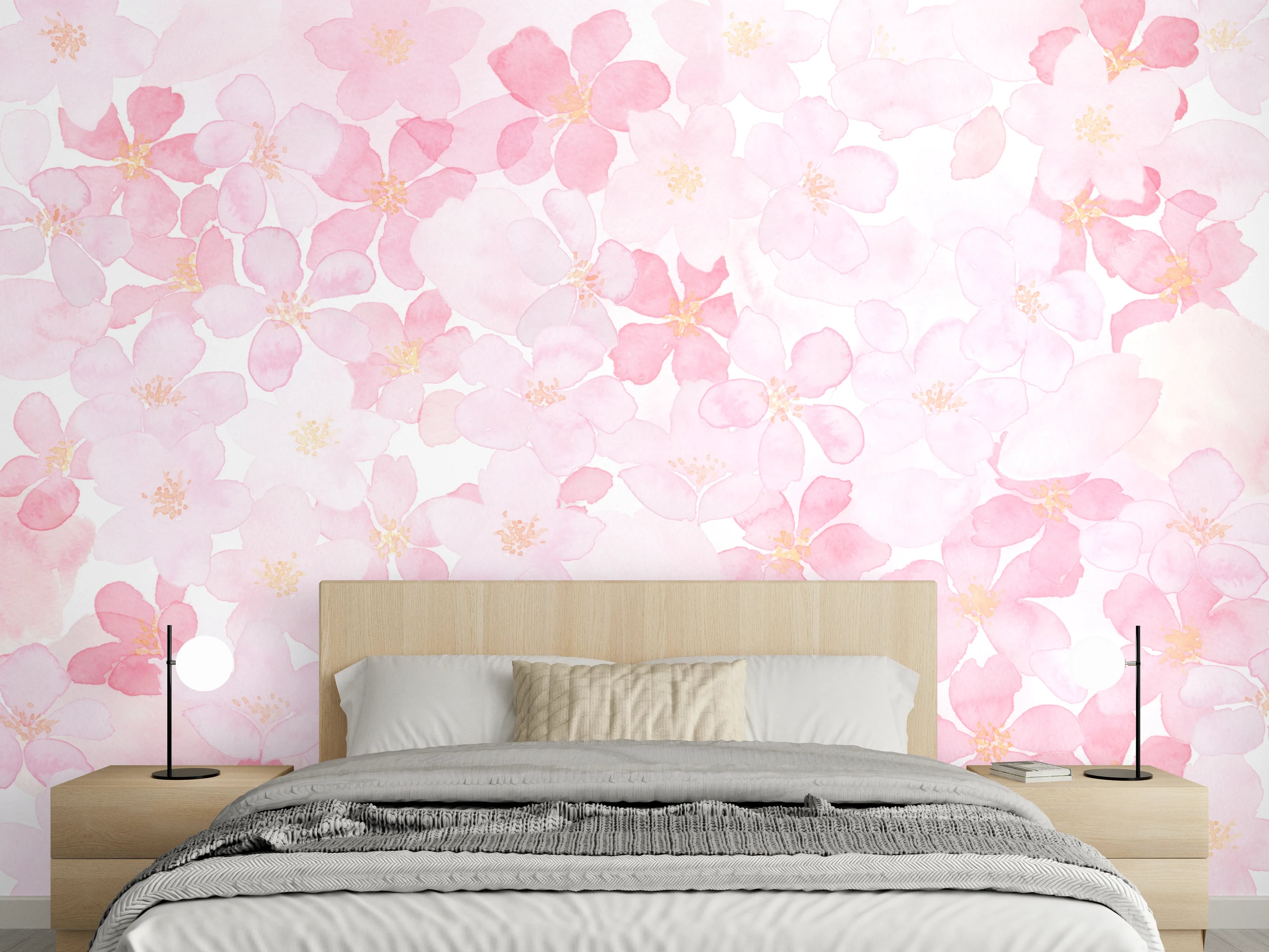 Wandverkleidung Schlafzimmer - Kirschblüten in Rosé und Nebelweiß