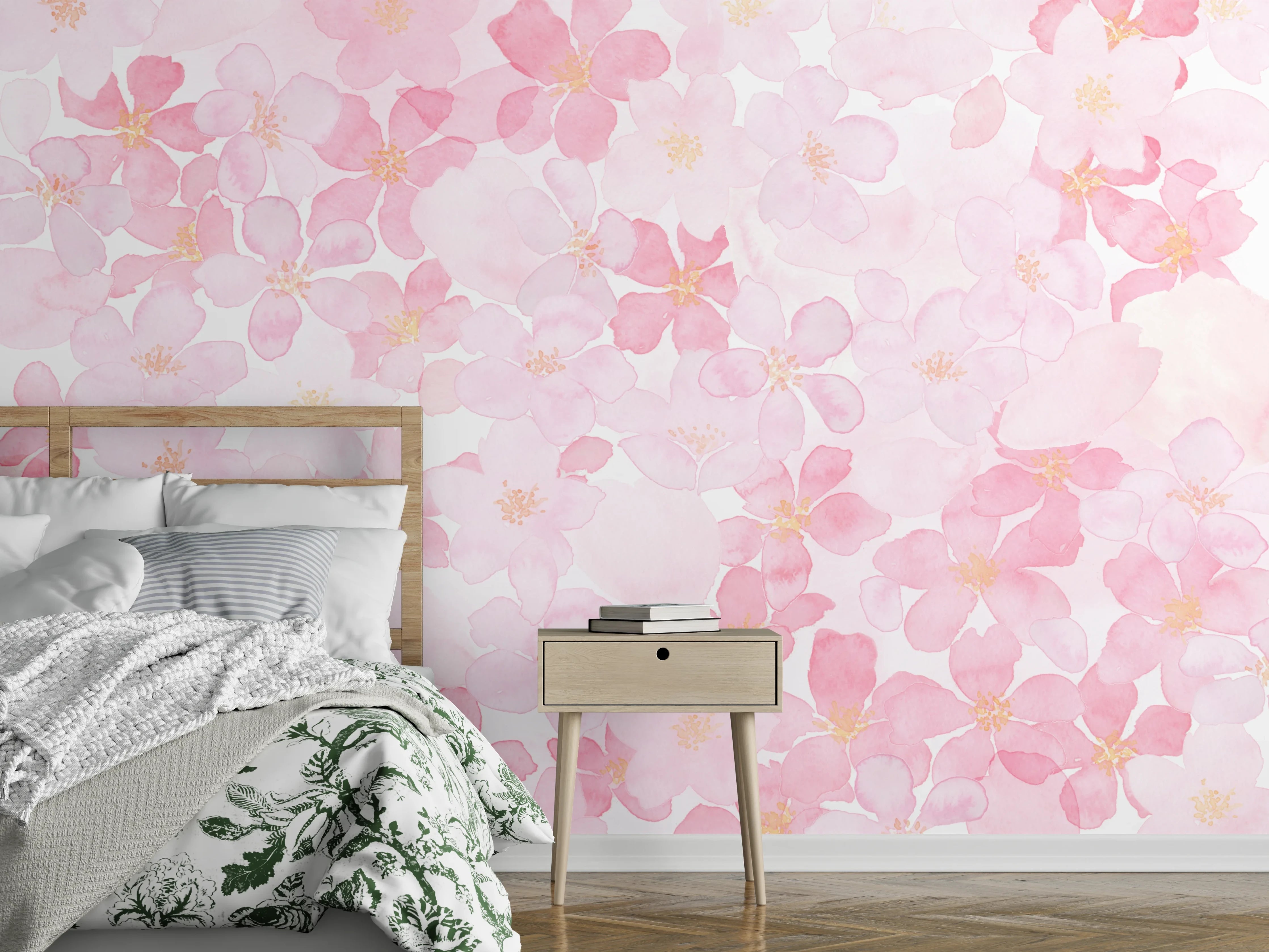 Wandverkleidung Schlafzimmer - Kirschblüten in Rosé und Nebelweiß