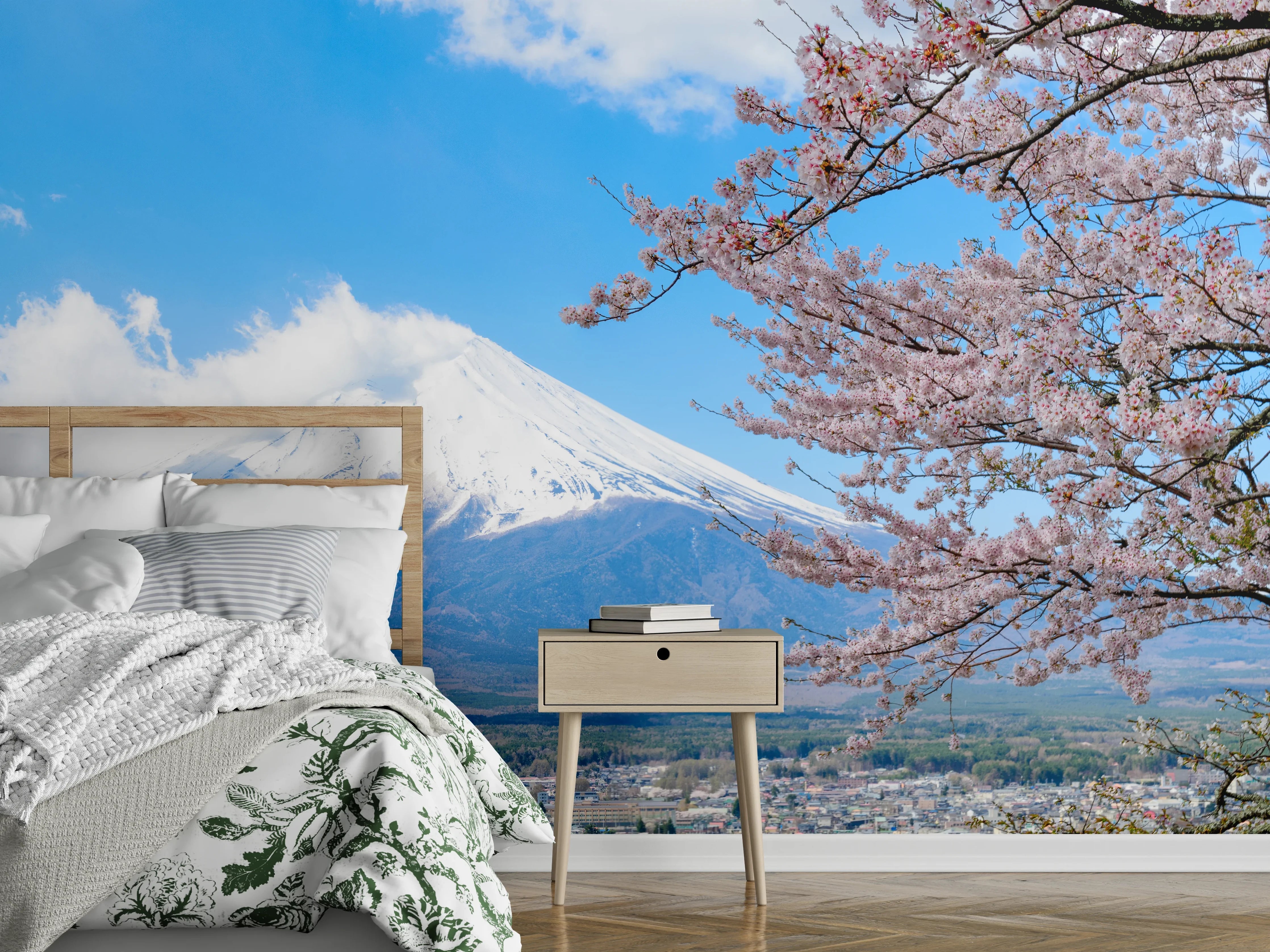 Wandverkleidung Schlafzimmer - Kirschblüten und Fuji in Japan