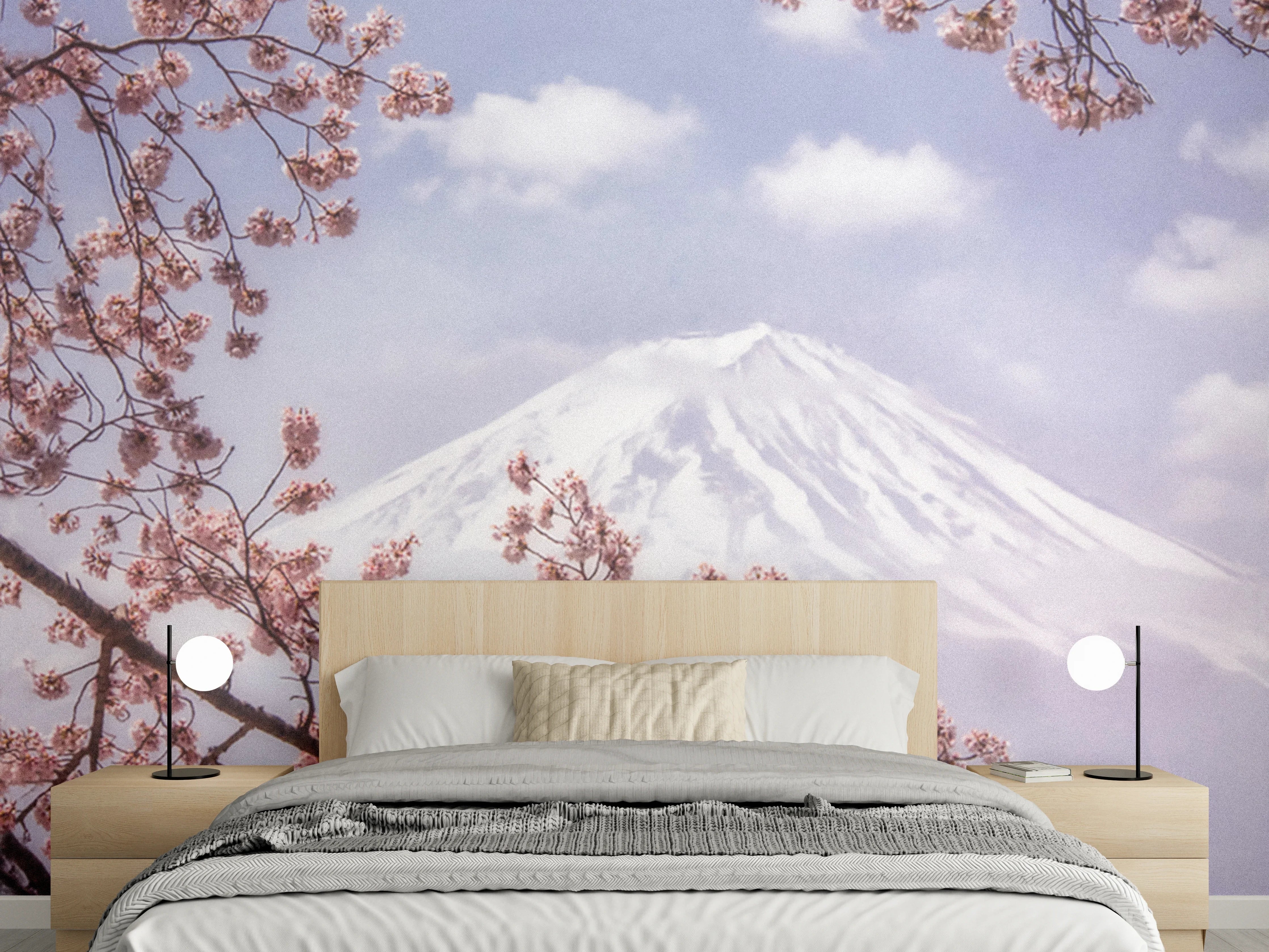 Wandverkleidung Schlafzimmer - Kirschblüten vor verschneitem Berg