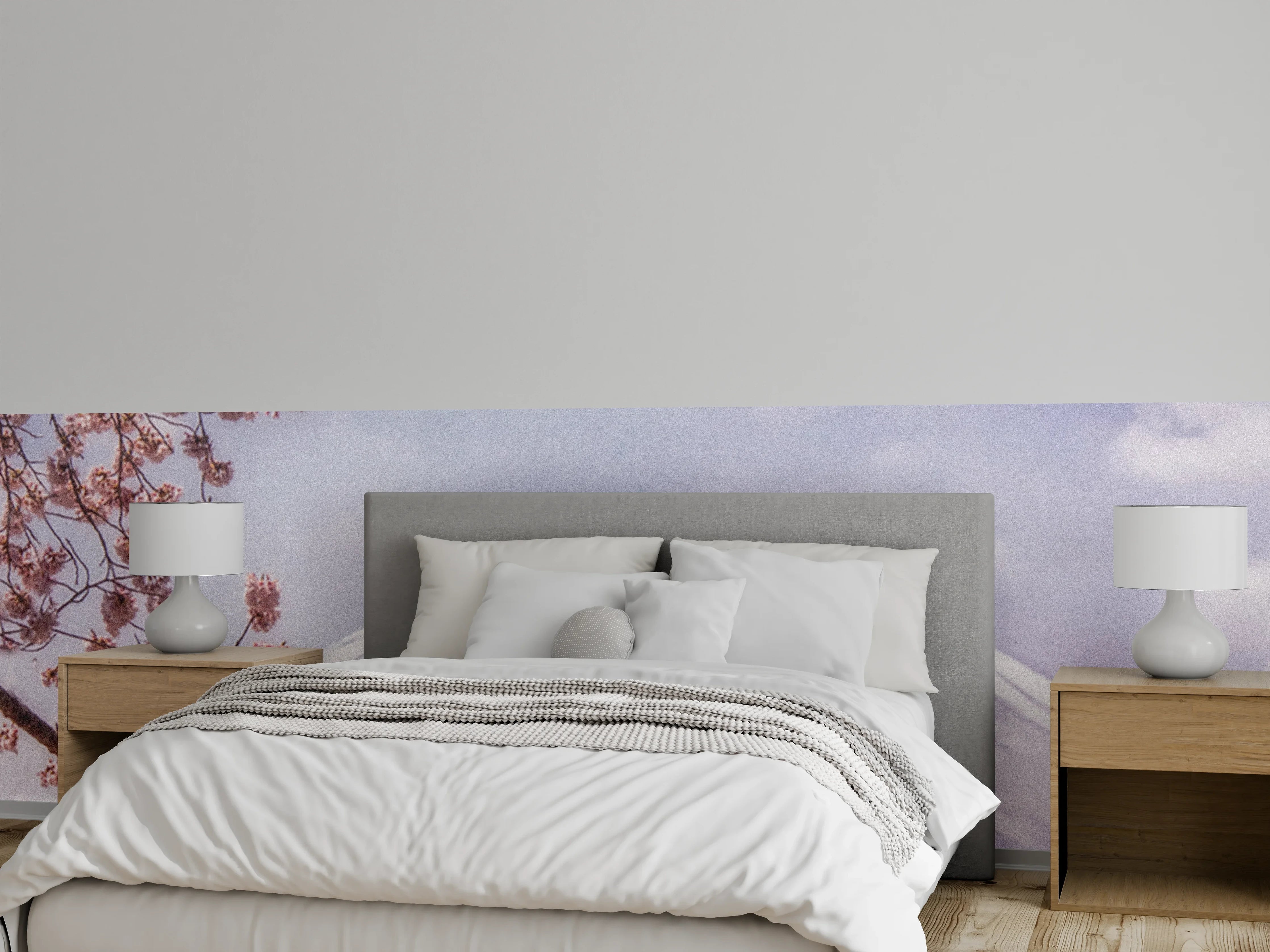 Wandverkleidung Schlafzimmer - Kirschblüten vor verschneitem Berg