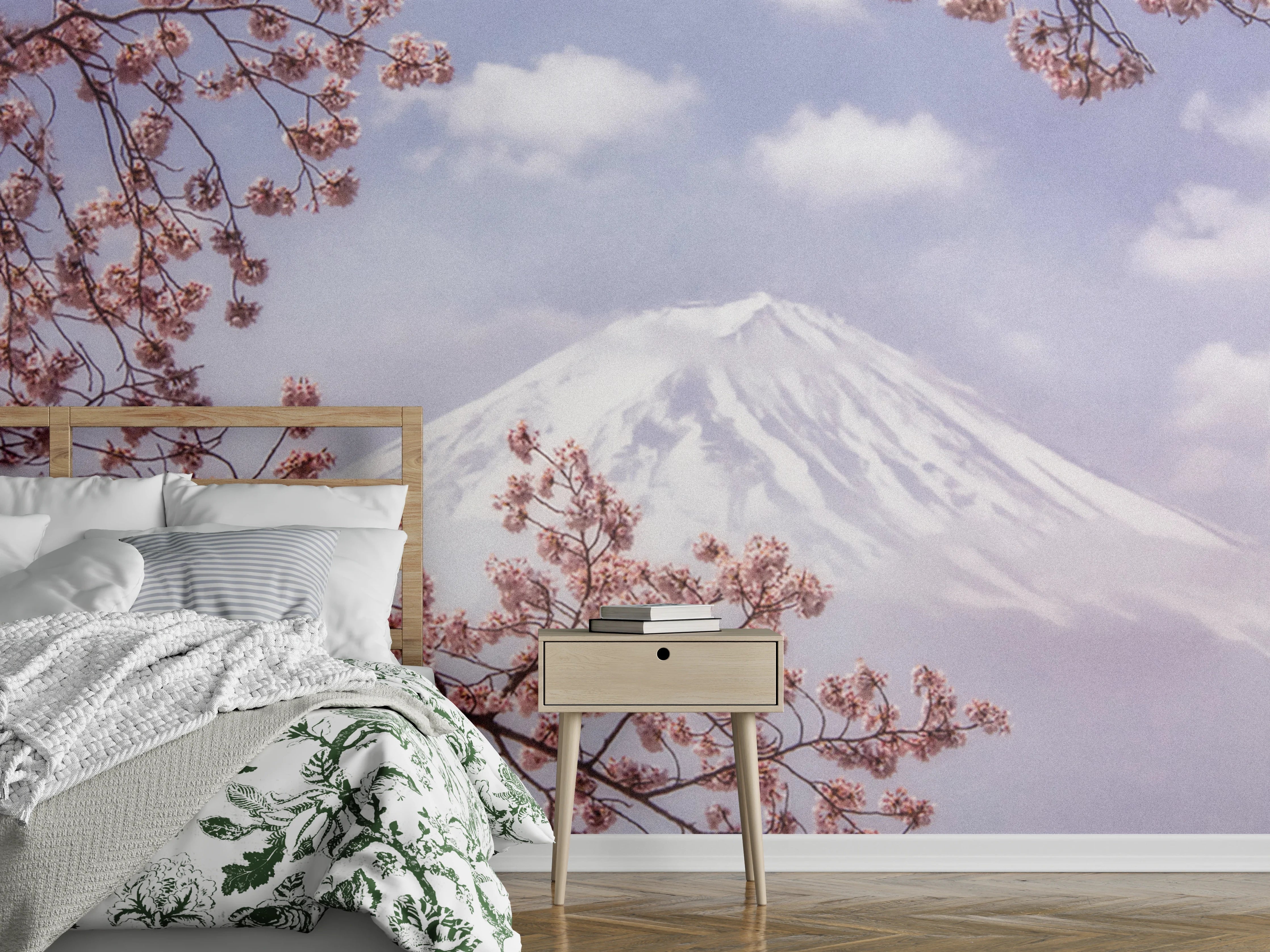 Wandverkleidung Schlafzimmer - Kirschblüten vor verschneitem Berg