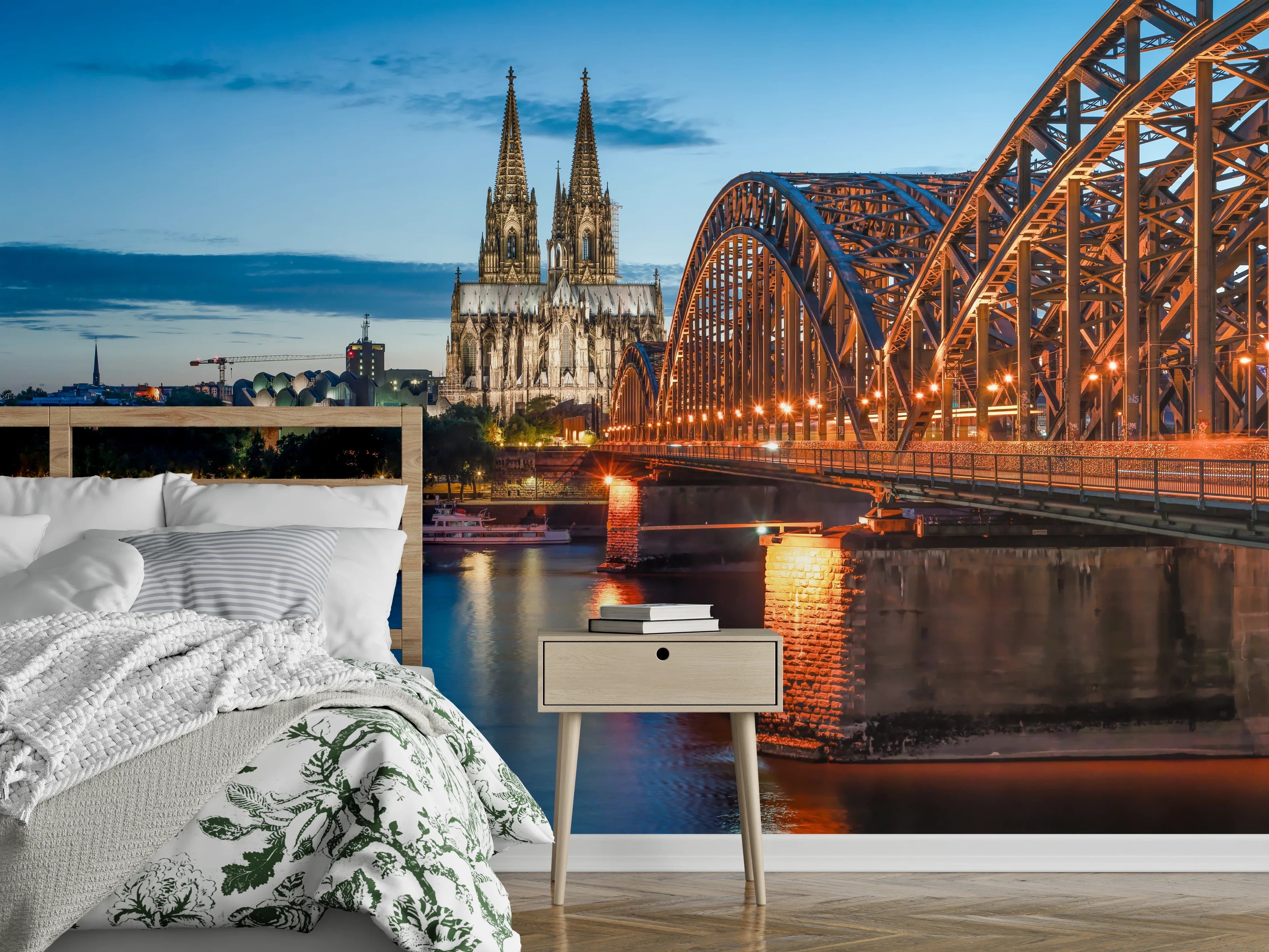 Wandverkleidung Schlafzimmer - Kölner Dom und Hohenzollernbrücke bei Nacht