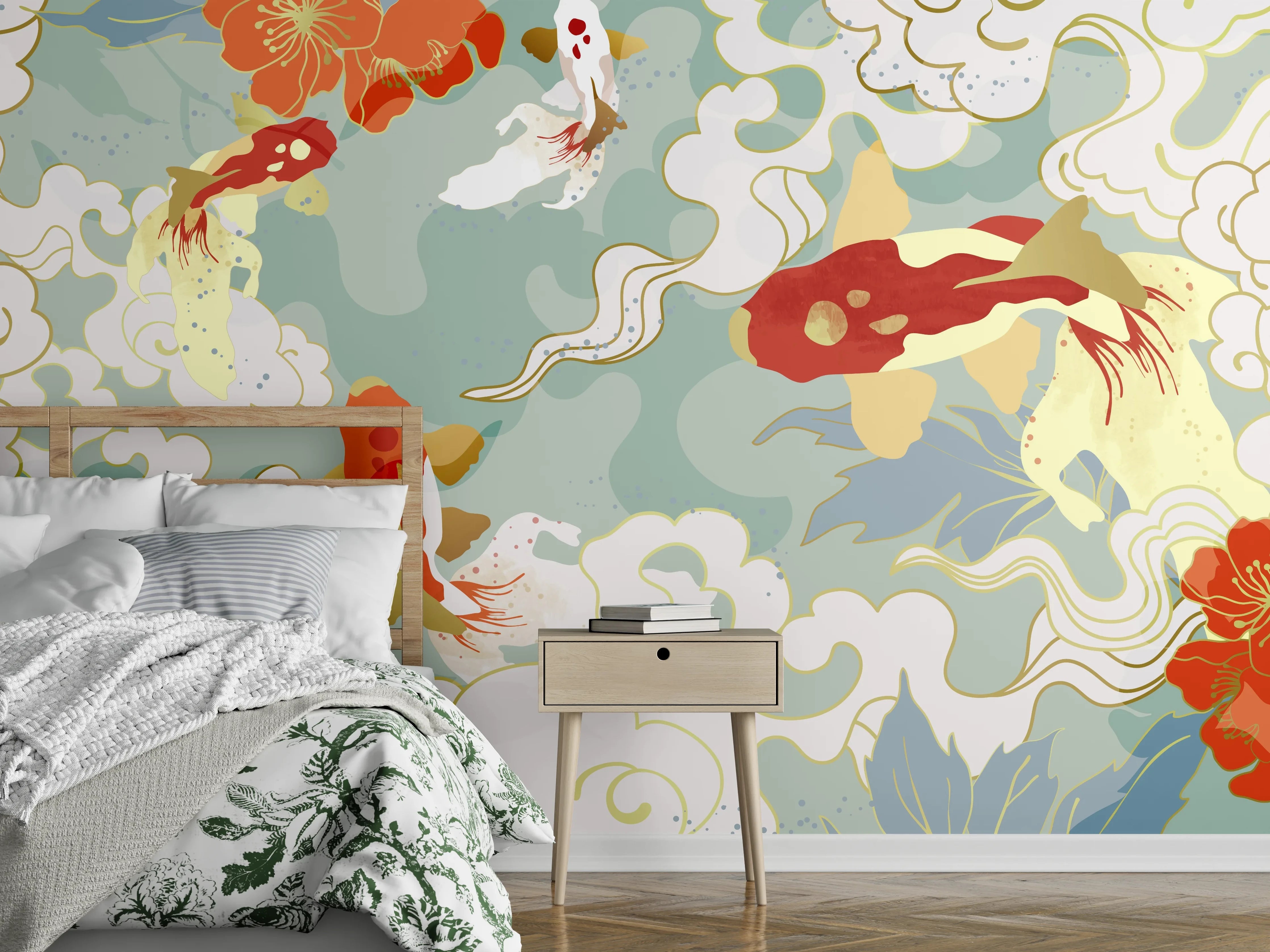 Wandverkleidung Schlafzimmer - Koi-Fisch Muster Pastell