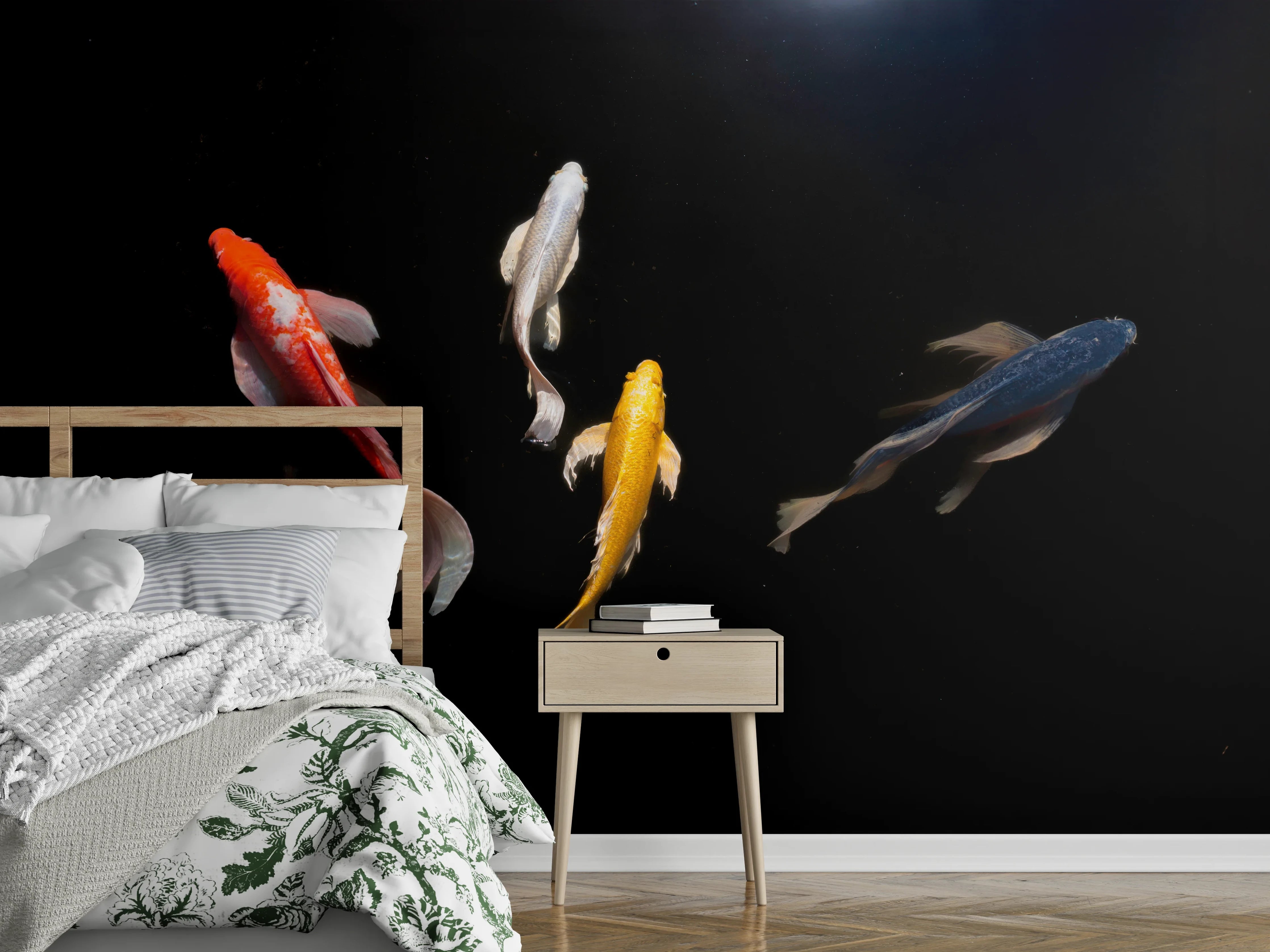 Wandverkleidung Schlafzimmer - Koi-Karpfen Schwarz Rot Gelb
