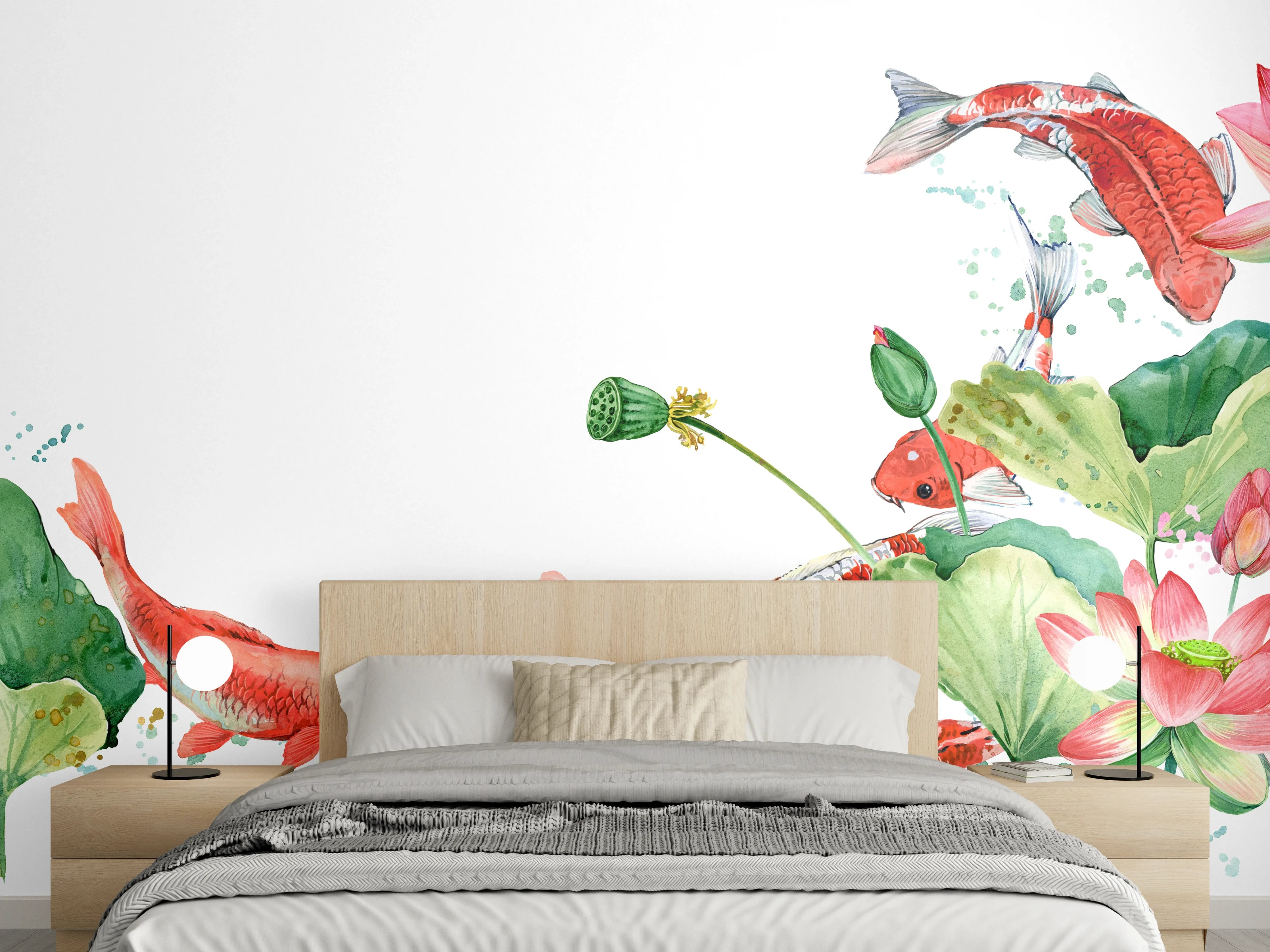 Wandverkleidung Schlafzimmer - Koi und Lotus Aquarell Kunst