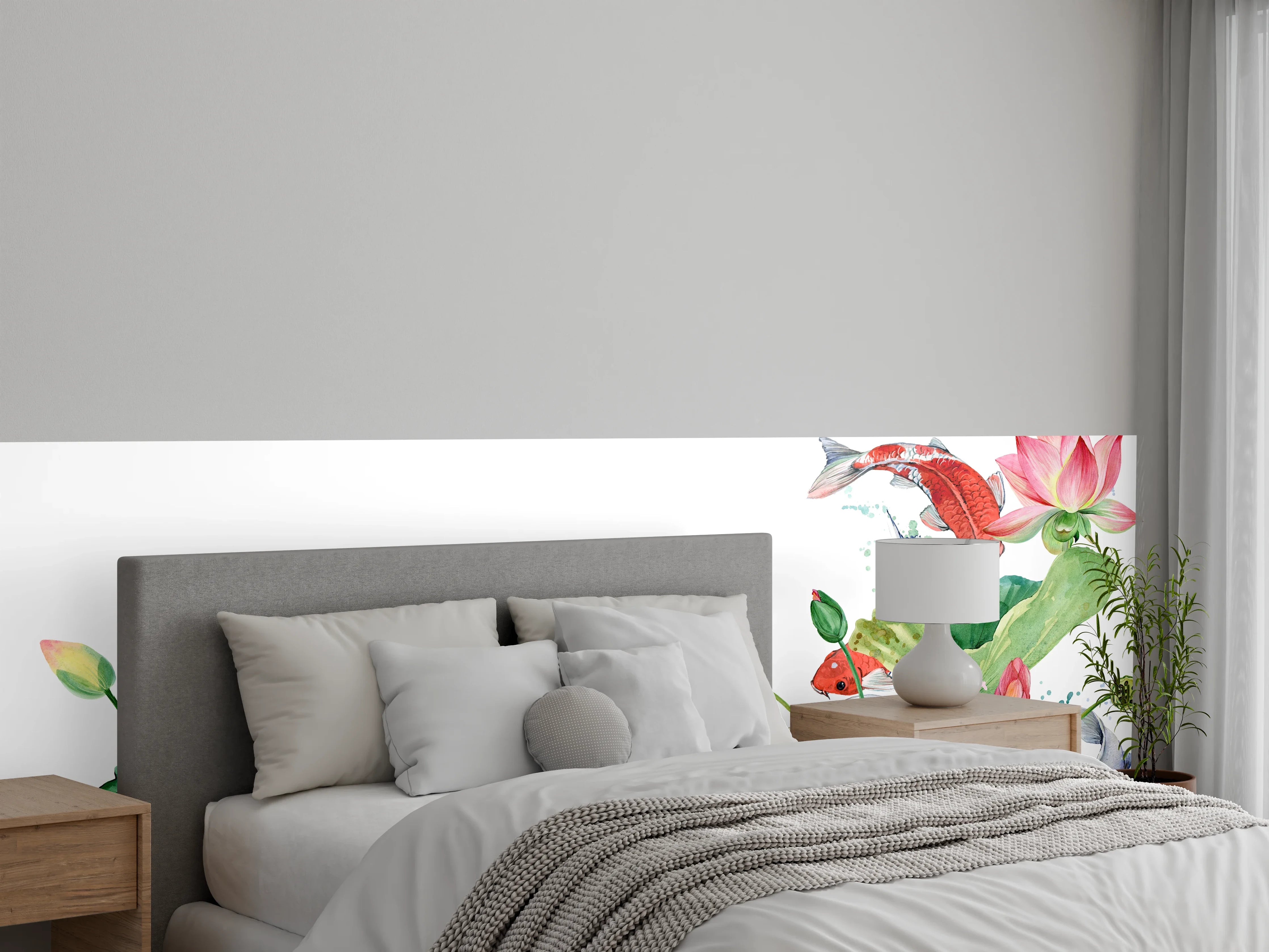 Wandverkleidung Schlafzimmer - Koi und Lotus Aquarell Kunst