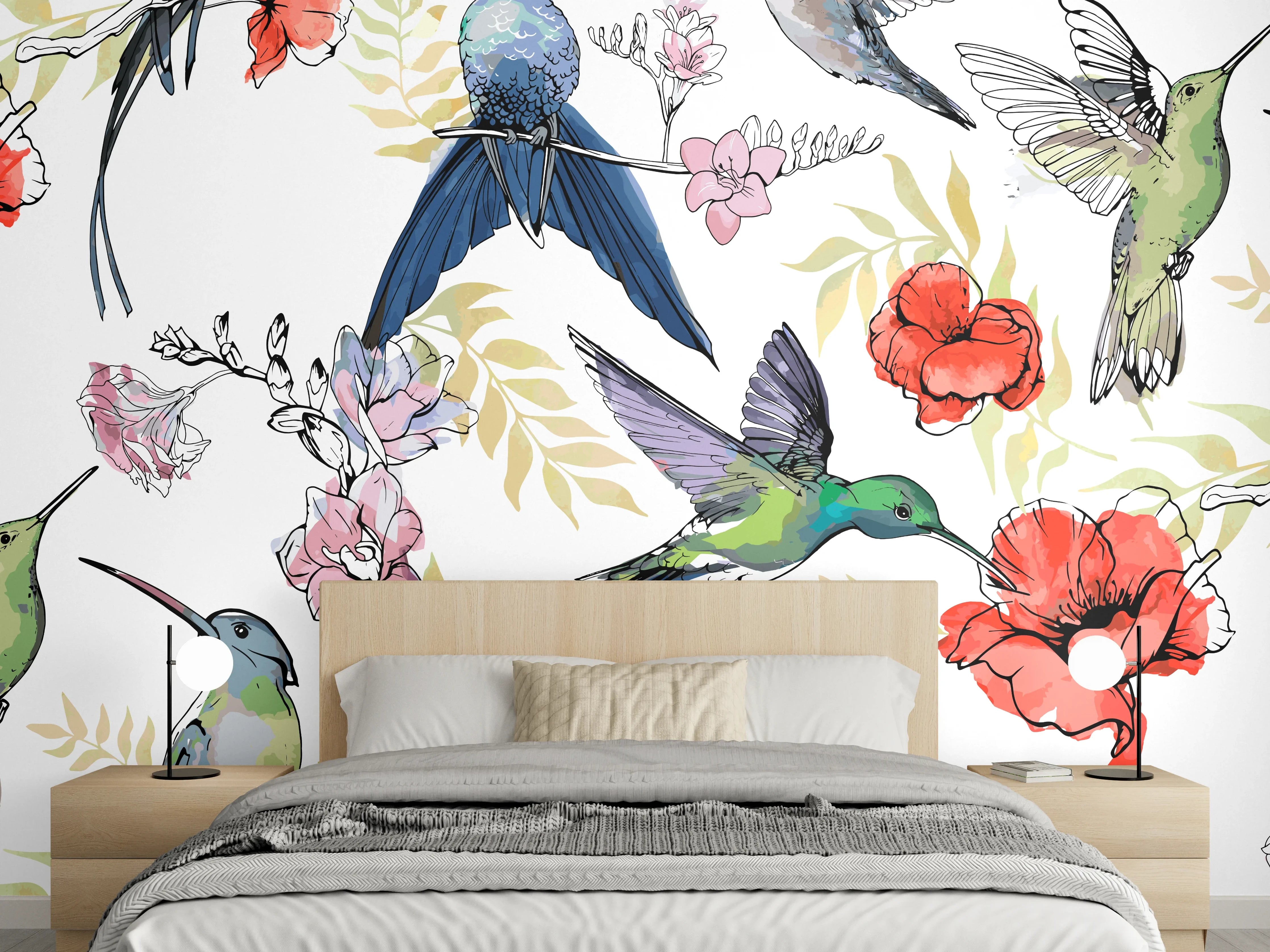 Wandverkleidung Schlafzimmer - Kolibri-Blumen-Muster Textil