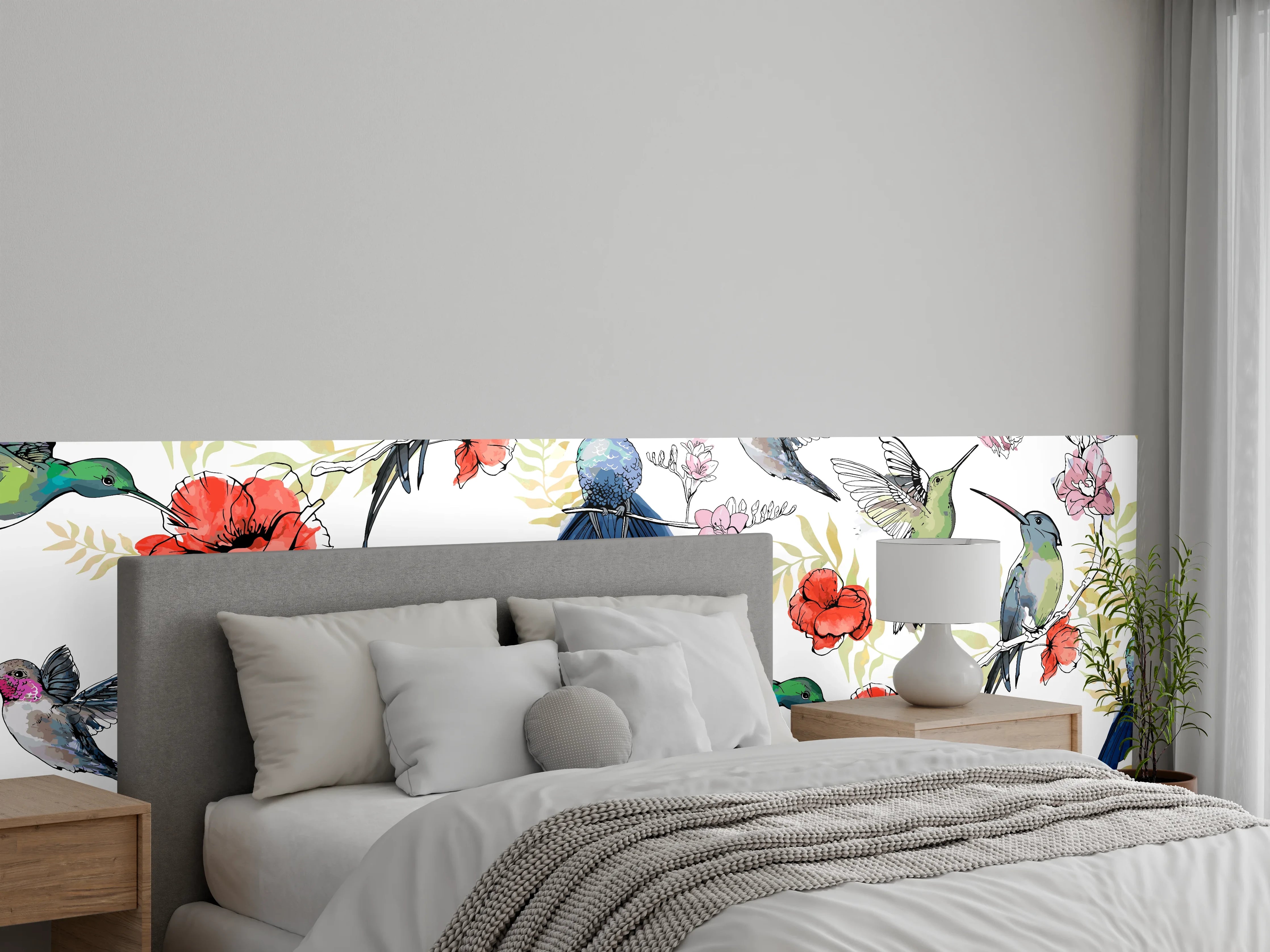 Wandverkleidung Schlafzimmer - Kolibri-Blumen-Muster Textil