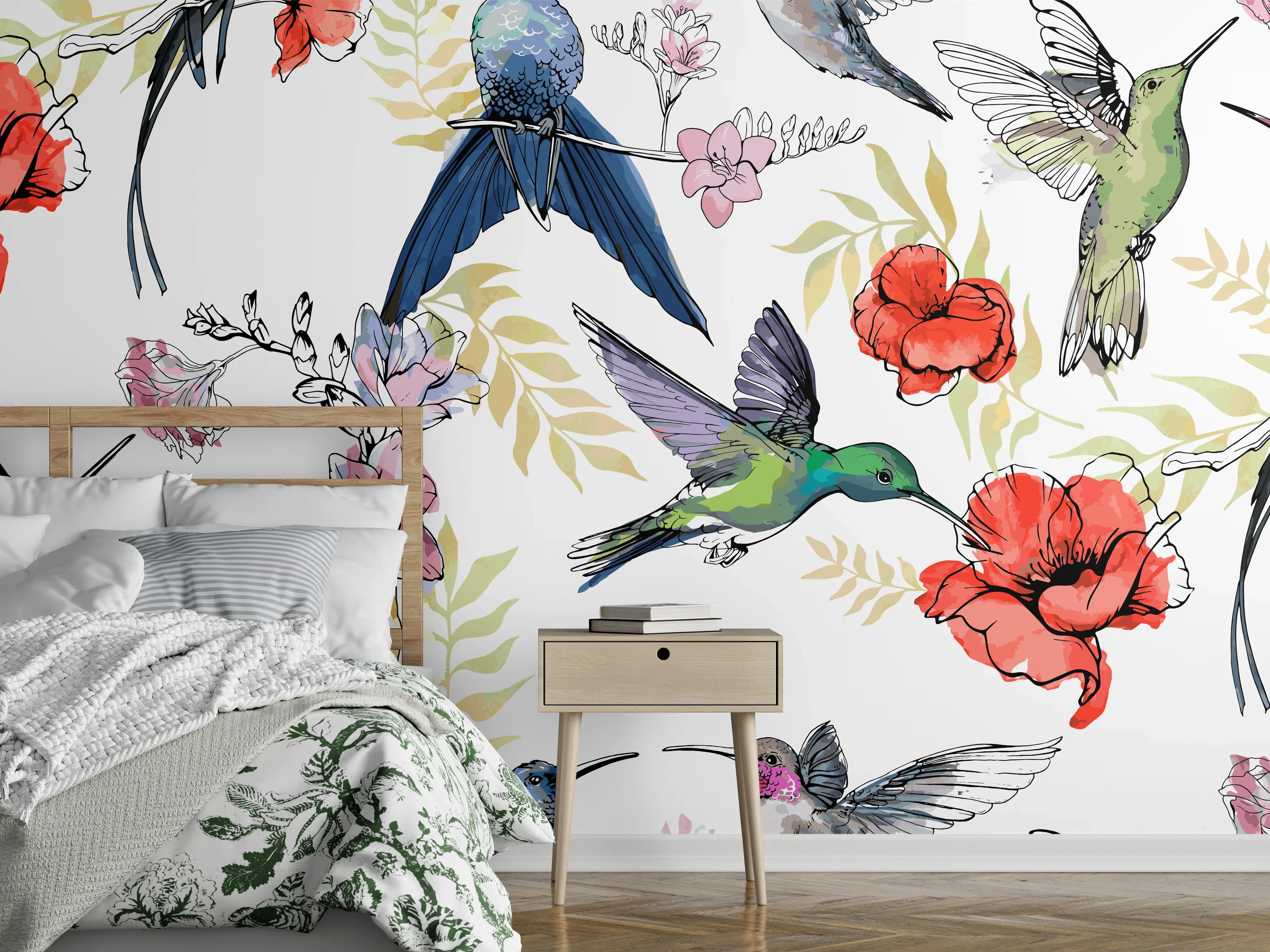 Wandverkleidung Schlafzimmer - Kolibri Blumenmuster Design