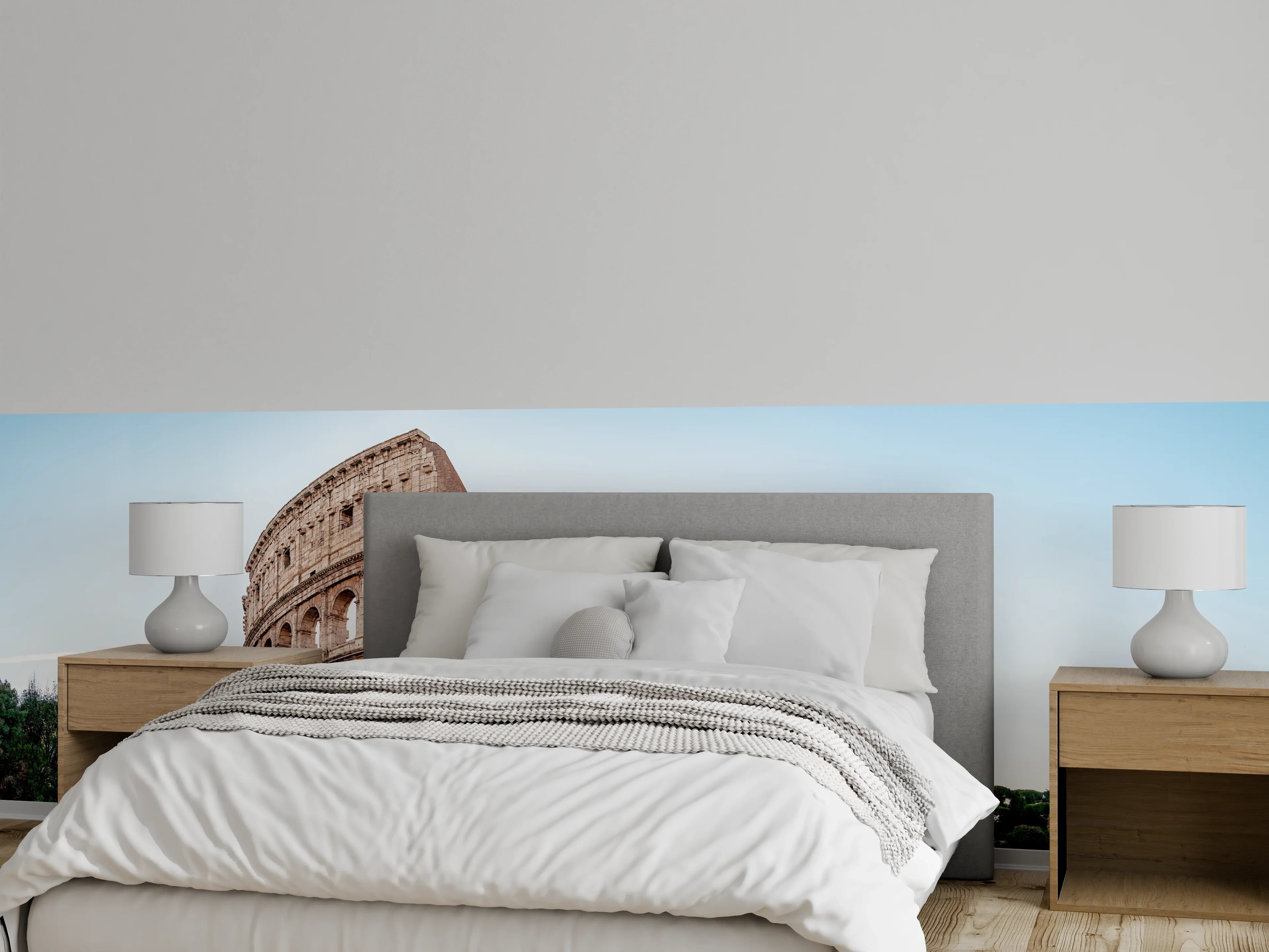 Wandverkleidung Schlafzimmer - Kolosseum Panorama Rom Beige-Blau