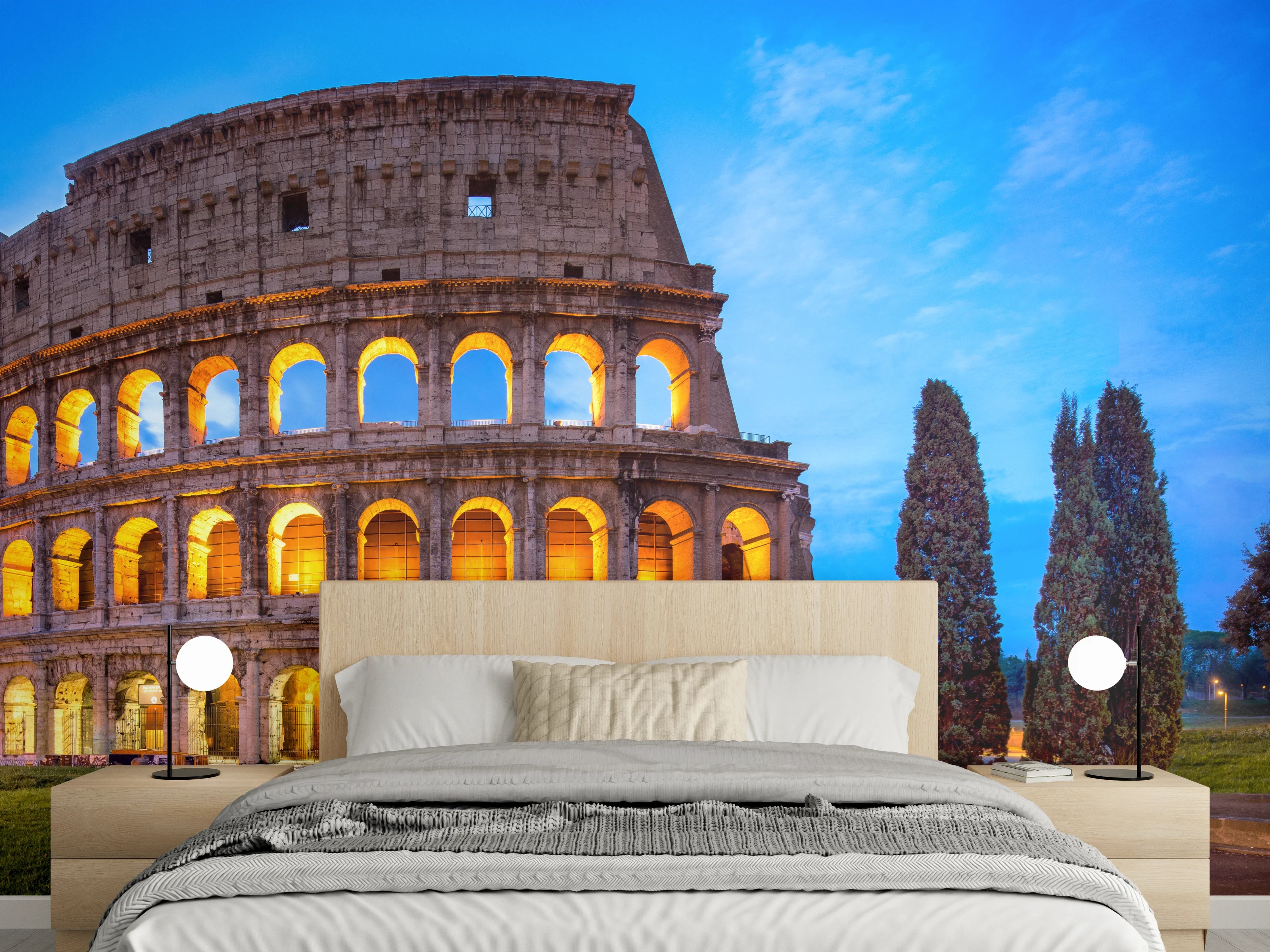 Wandverkleidung Schlafzimmer - Kolosseum in Rom Panorama bei Nacht