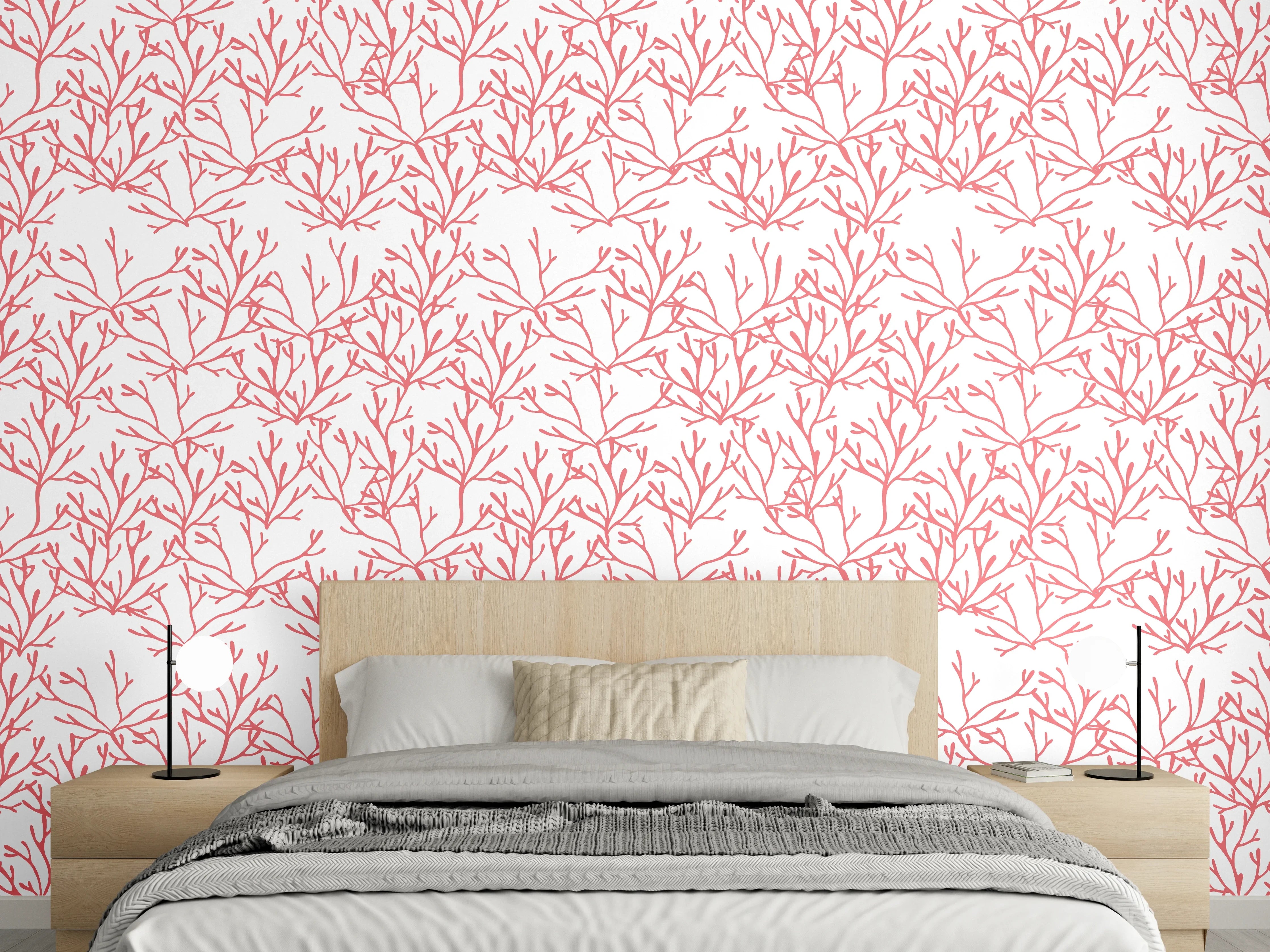 Wandverkleidung Schlafzimmer - Korallenmuster Rosa auf Weiß