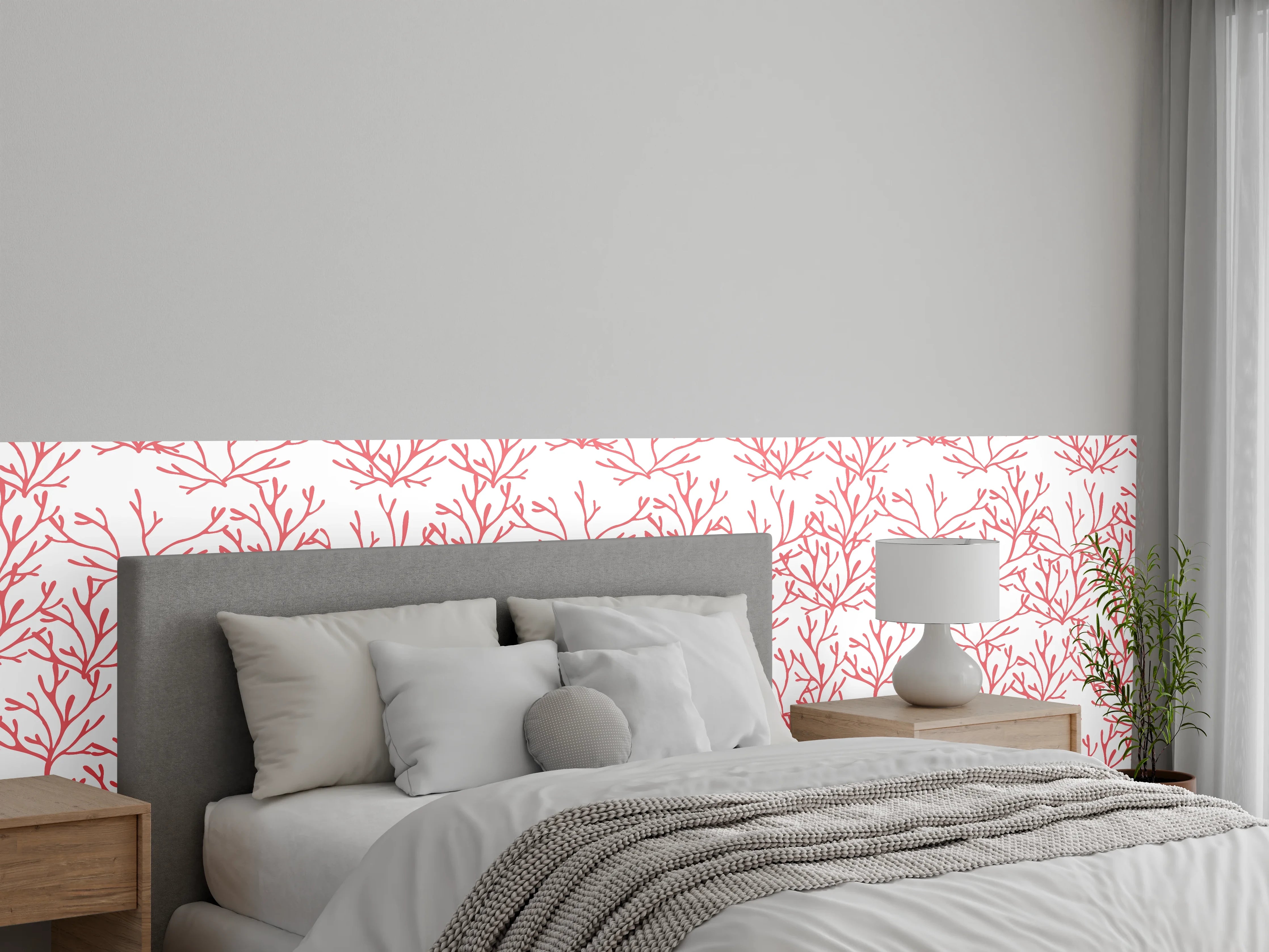 Wandverkleidung Schlafzimmer - Korallenmuster Rosa auf Weiß