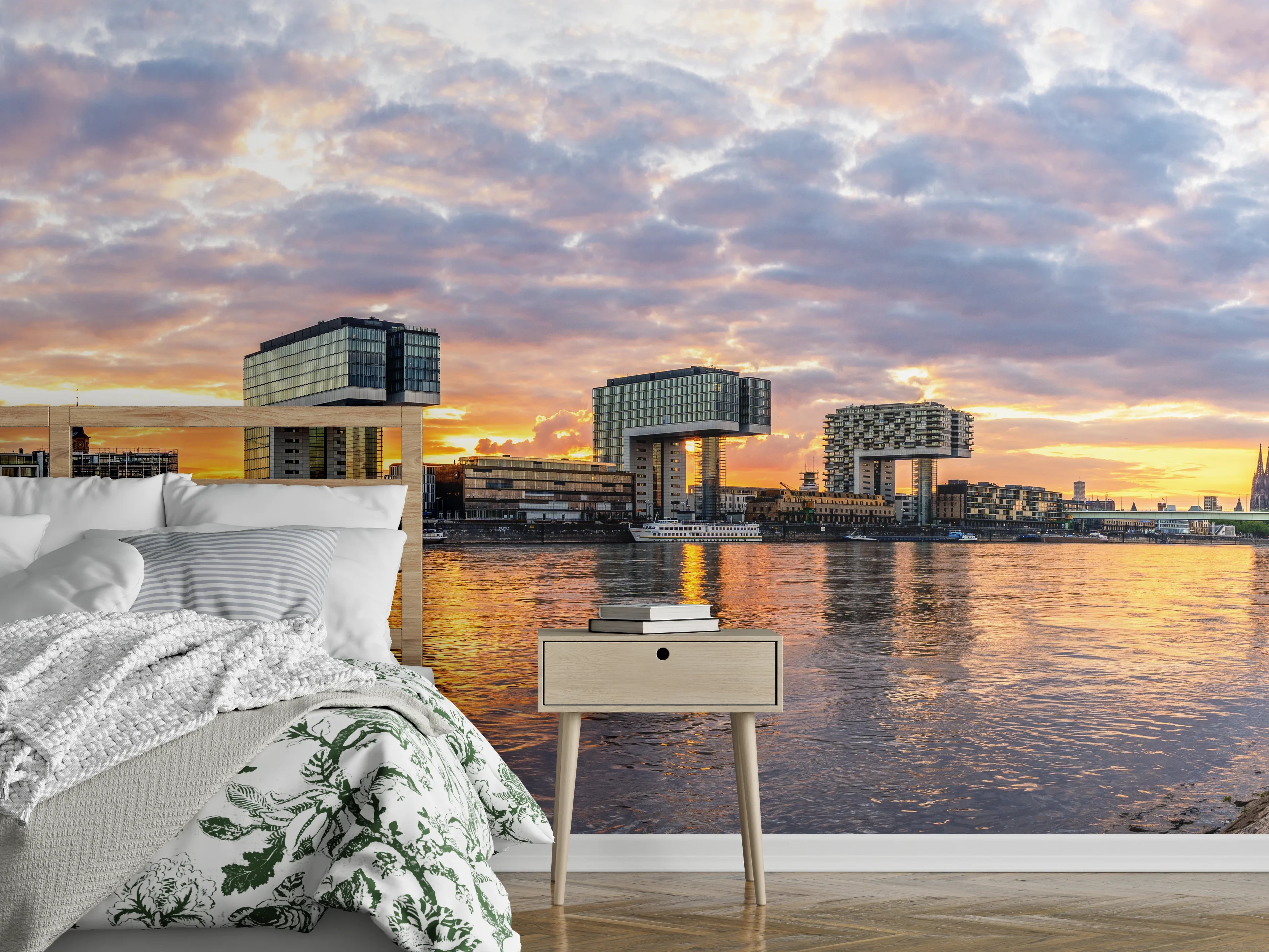 Wandverkleidung Schlafzimmer - Kranhäuser Köln Panorama Sonnenuntergang