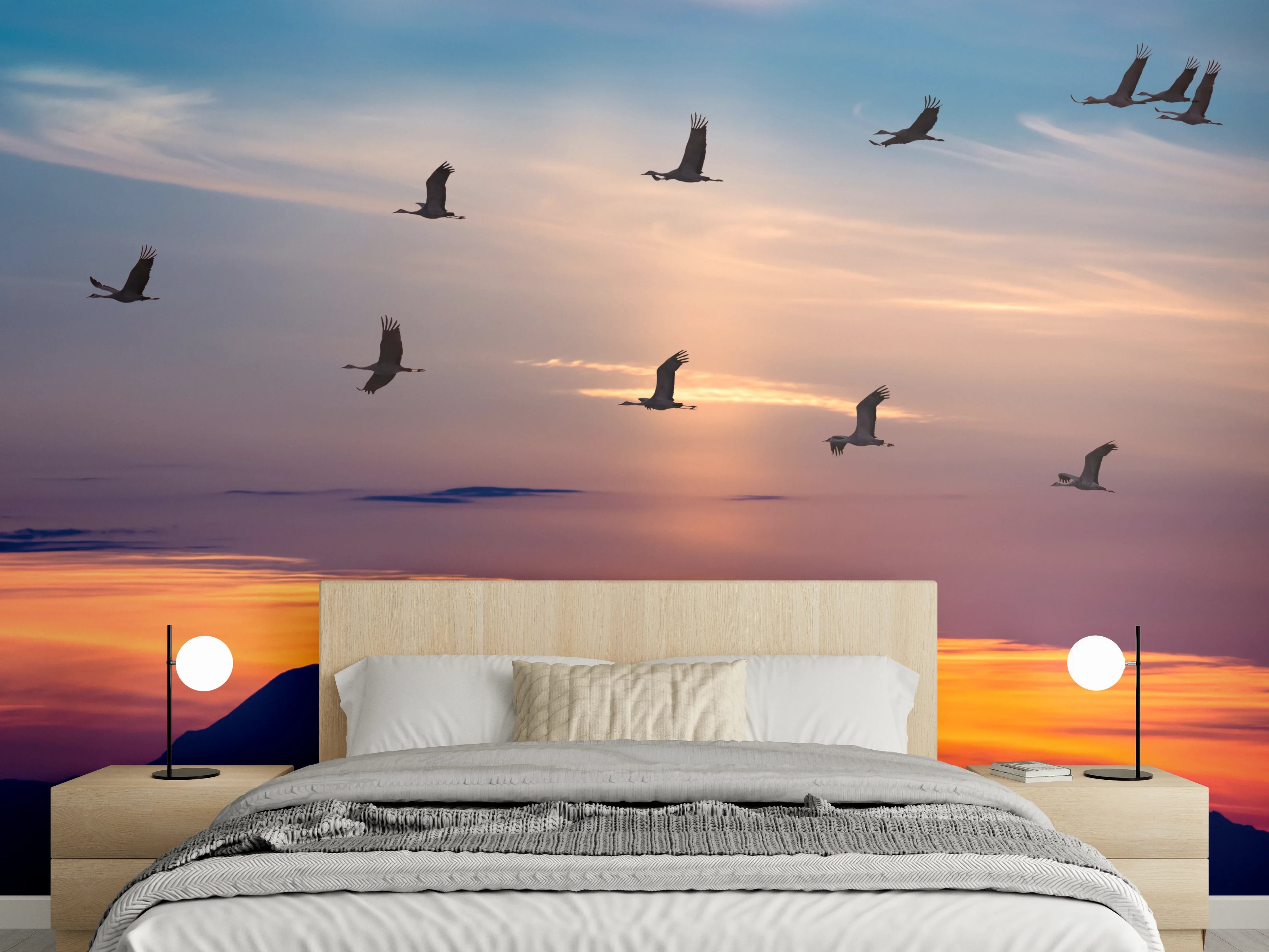 Wandverkleidung Schlafzimmer - Kraniche bei Sonnenuntergang Wandbild