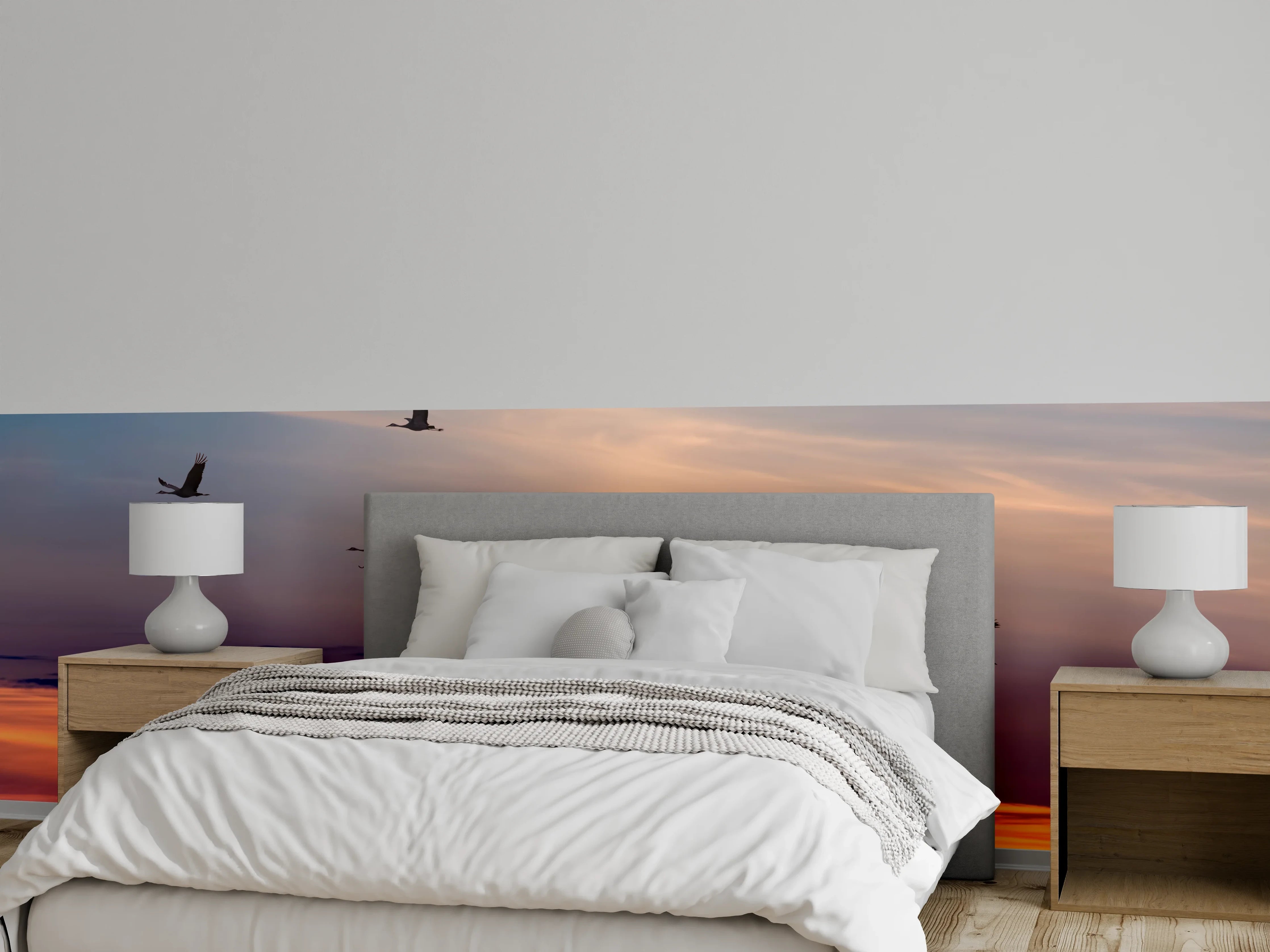 Wandverkleidung Schlafzimmer - Kraniche bei Sonnenuntergang Wandbild