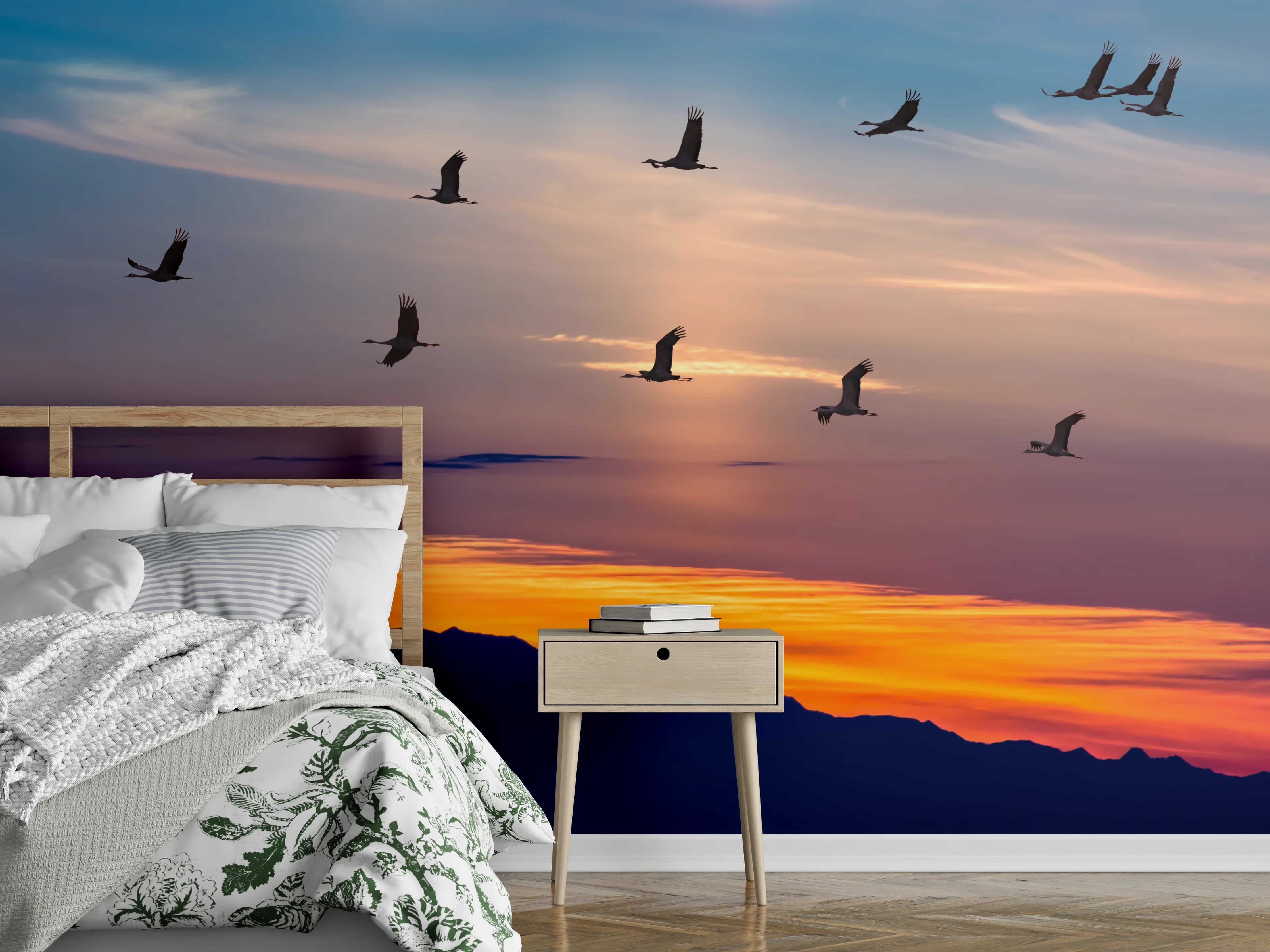 Wandverkleidung Schlafzimmer - Kraniche bei Sonnenuntergang Wandbild