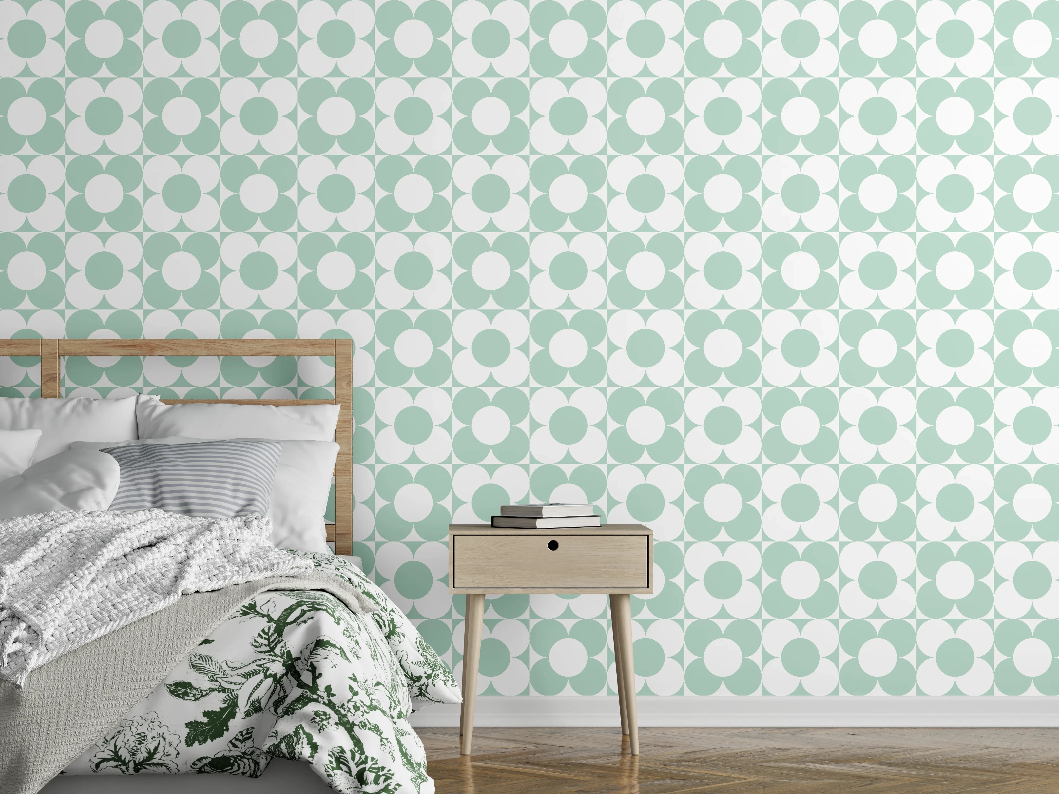 Wandverkleidung Schlafzimmer - Kreis-Muster in zartem Mintgrün