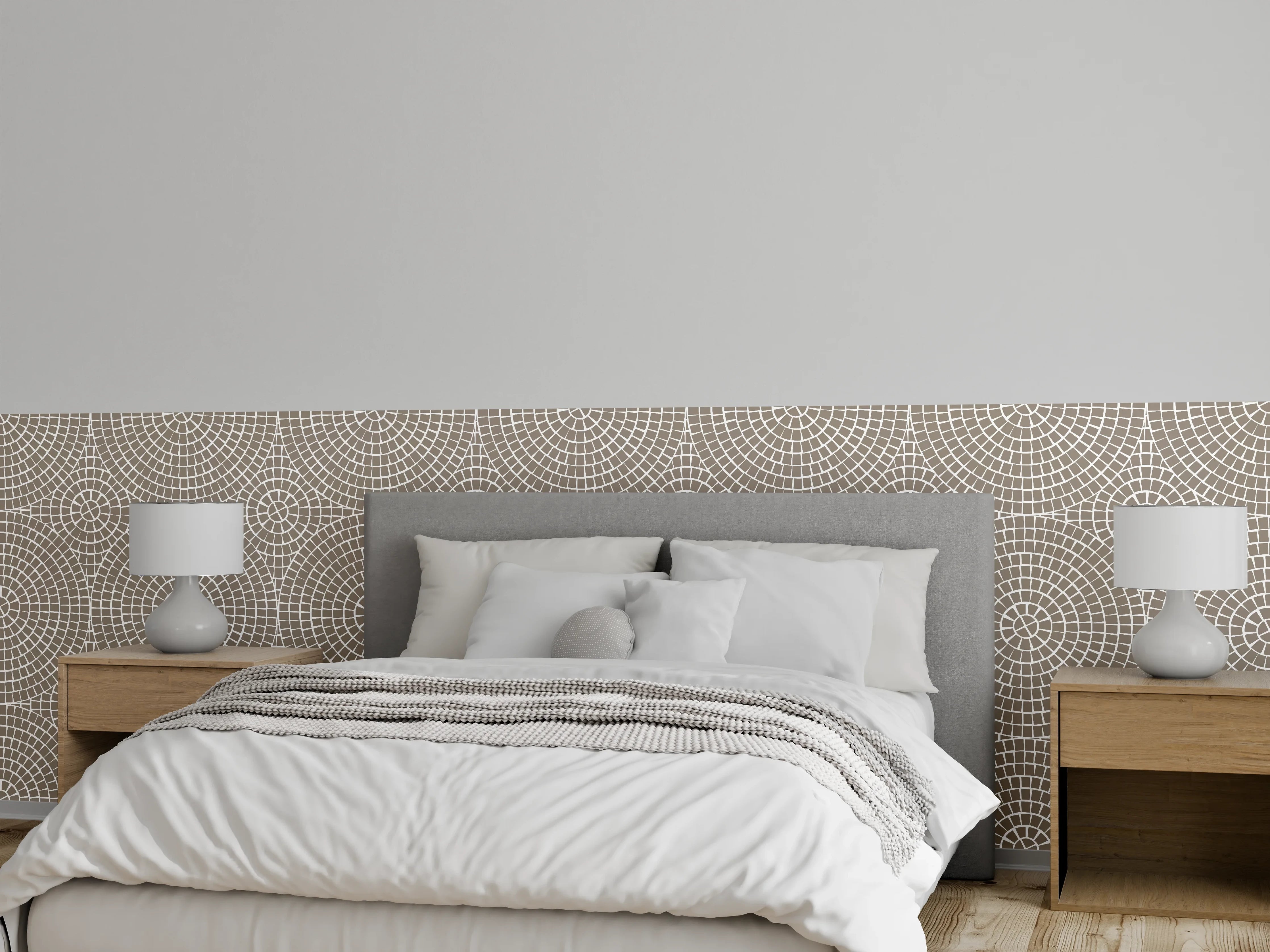 Wandverkleidung Schlafzimmer - Kreisgeflecht in Beige, Weiß und Grau