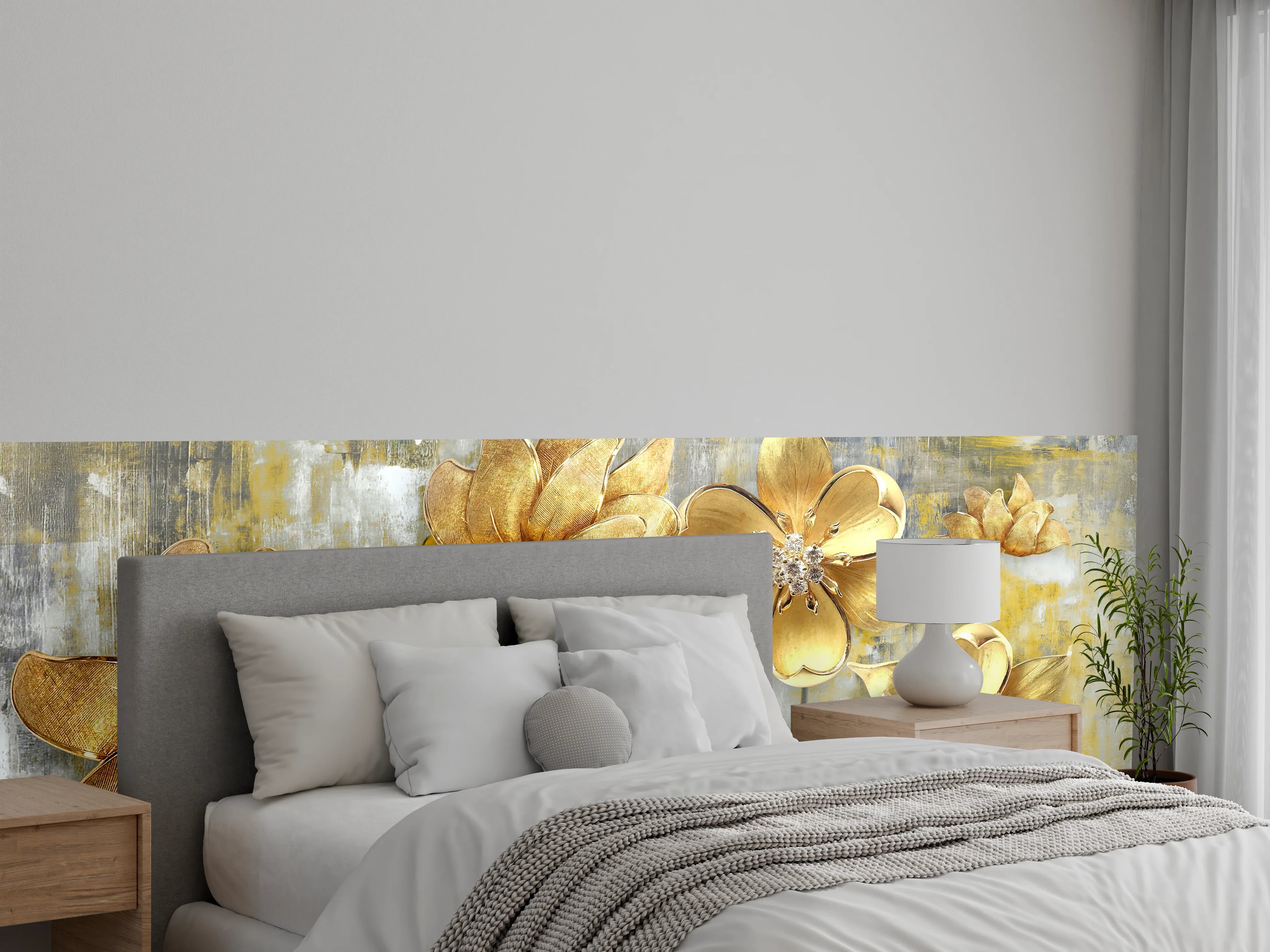 Wandverkleidung Schlafzimmer - Künstlerische Blattgold-Blumen