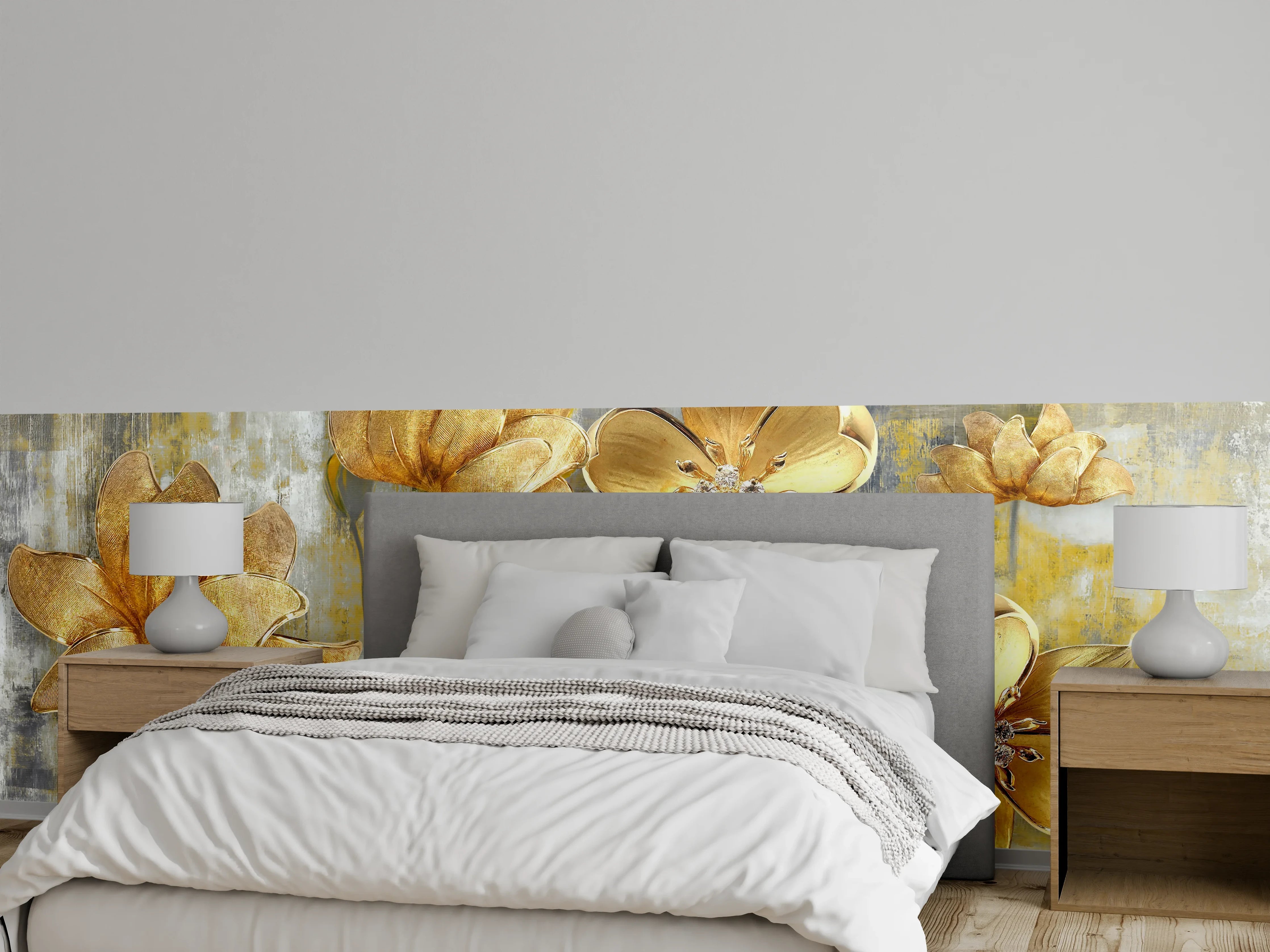 Wandverkleidung Schlafzimmer - Künstlerische Blattgold-Blumen