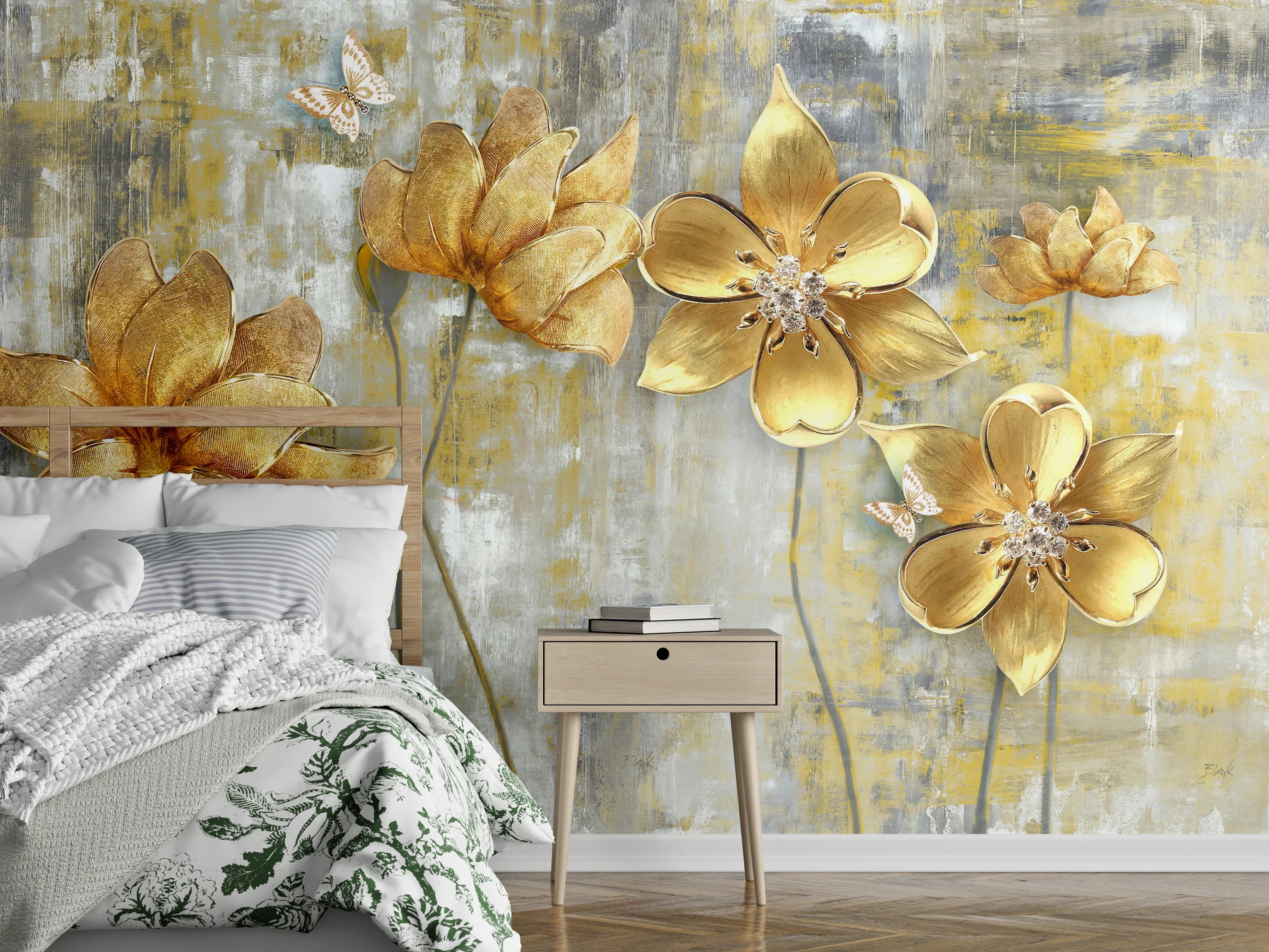 Wandverkleidung Schlafzimmer - Künstlerische Blattgold-Blumen