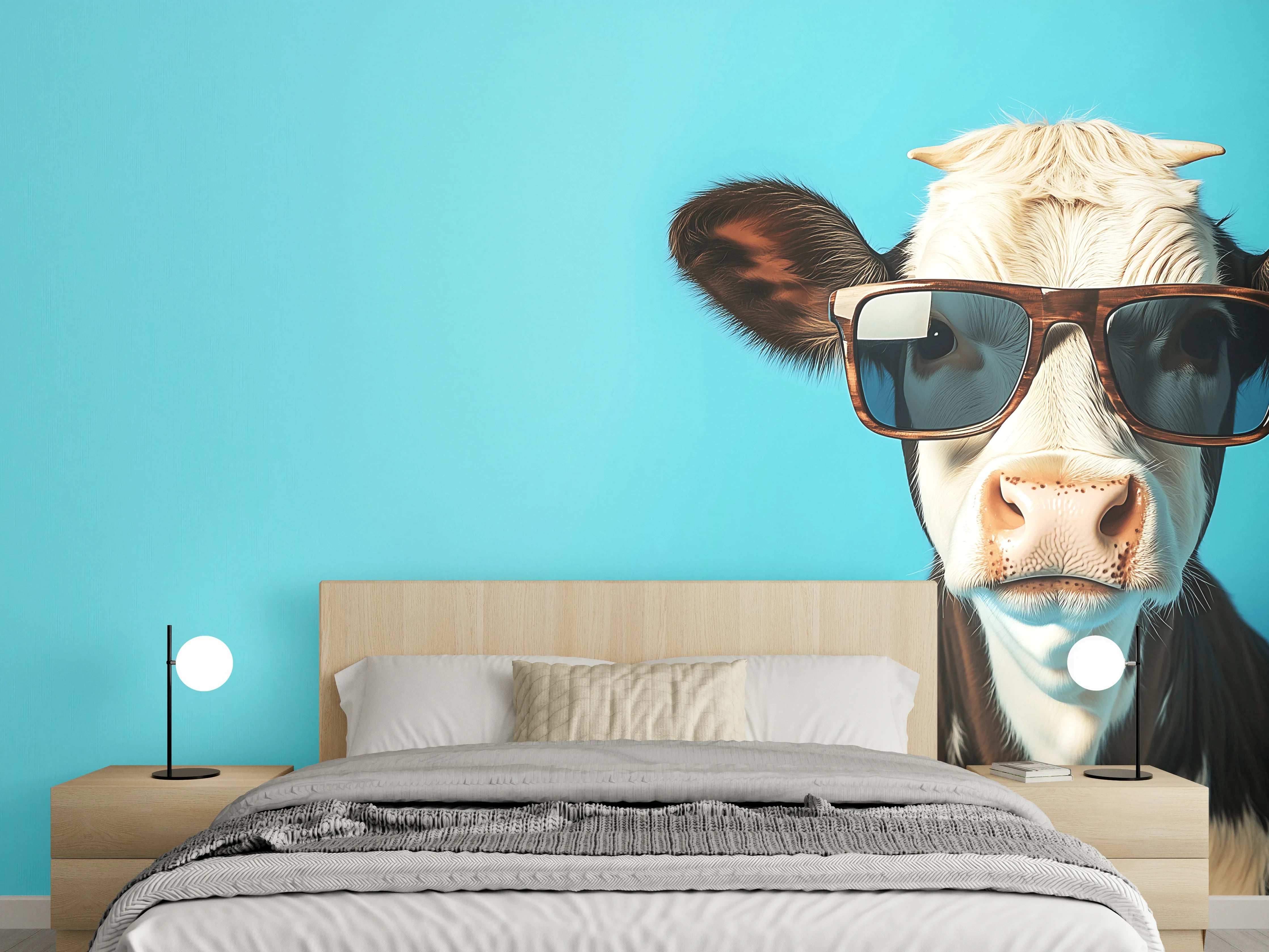 Wandverkleidung Schlafzimmer - Kuh mit Sonnenbrille, Türkis
