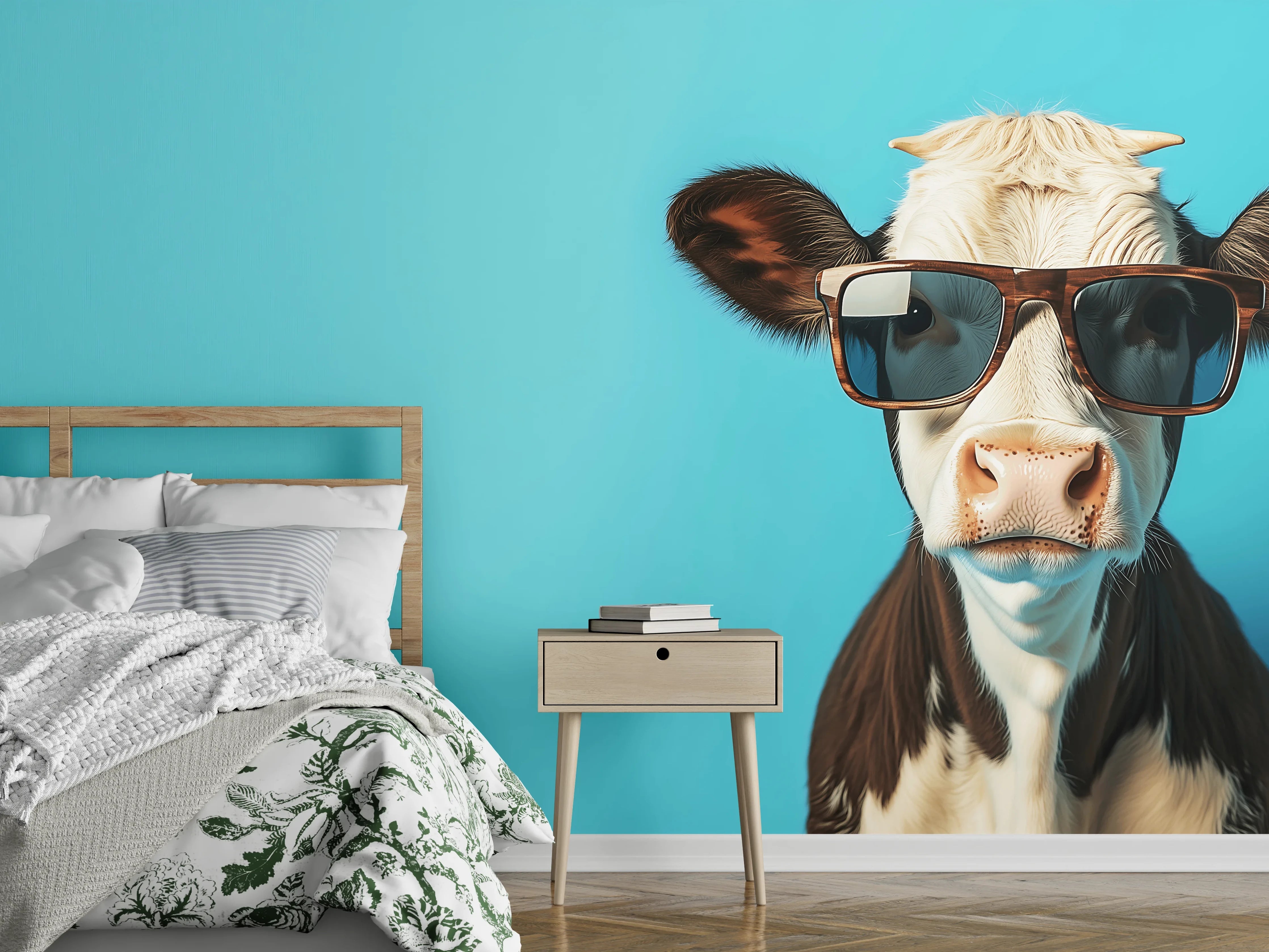 Wandverkleidung Schlafzimmer - Kuh mit Sonnenbrille, Türkis