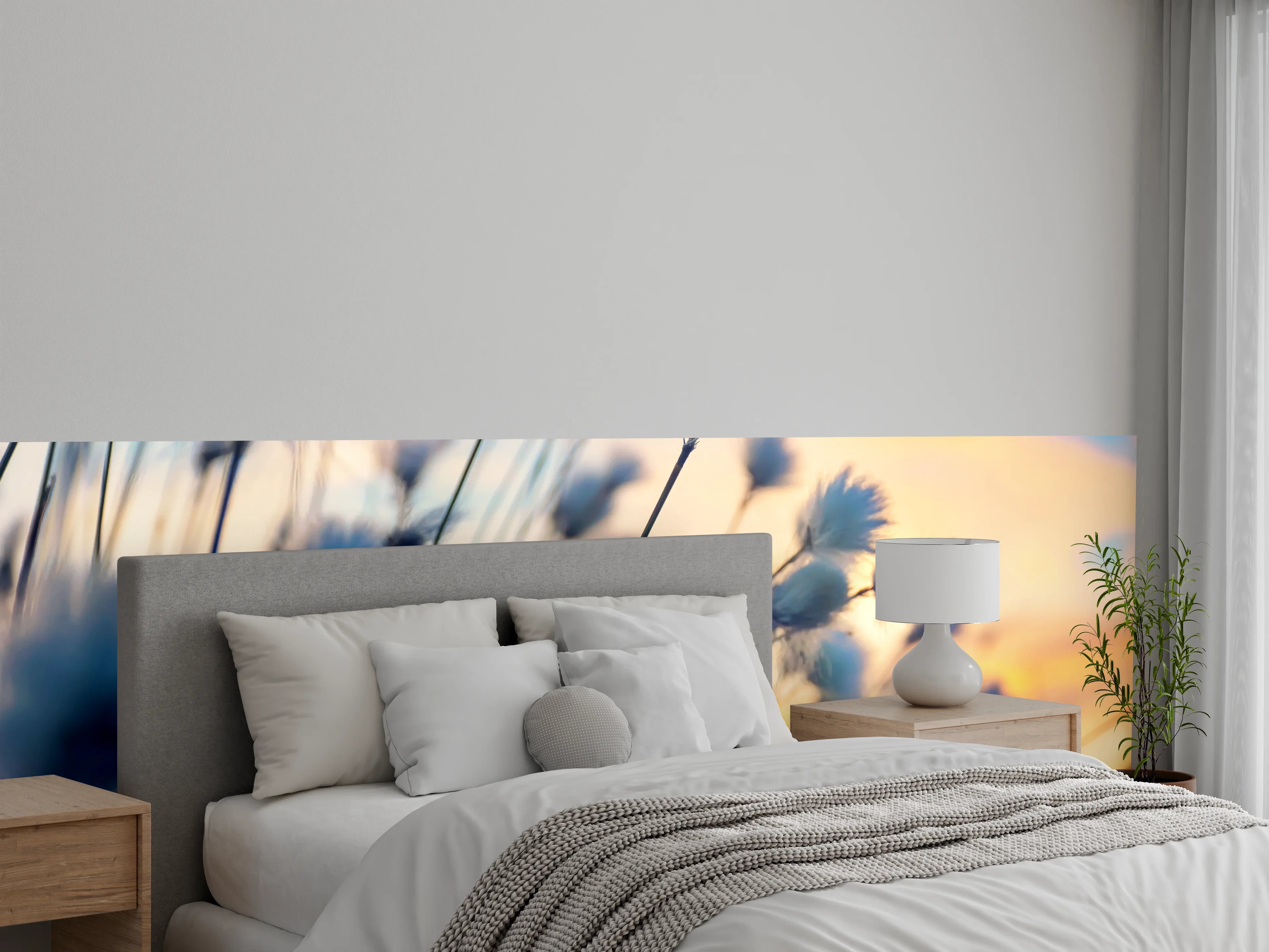 Wandverkleidung Schlafzimmer - Kuschelige Wollgraswiese im Sonnenuntergang