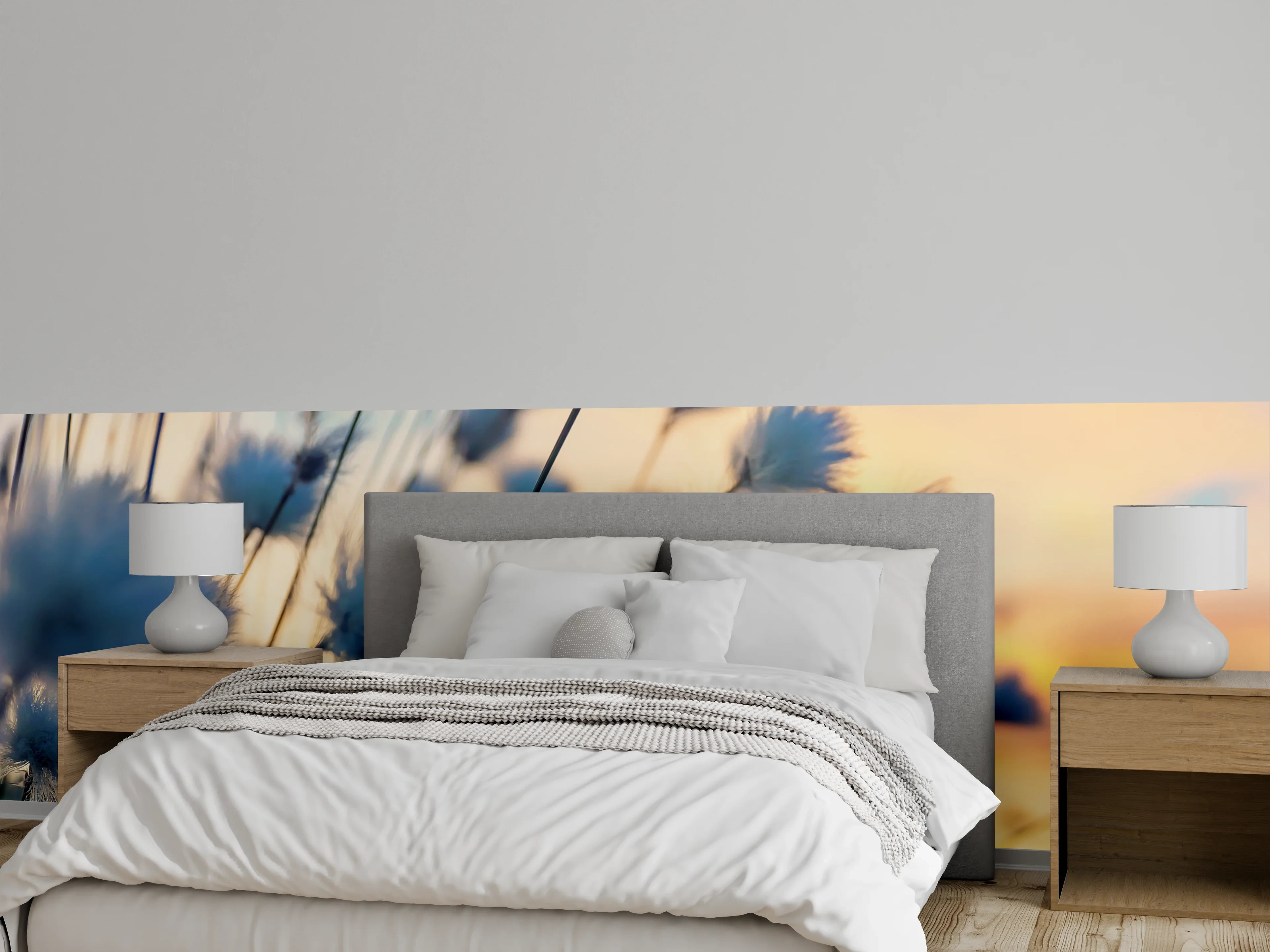 Wandverkleidung Schlafzimmer - Kuschelige Wollgraswiese im Sonnenuntergang