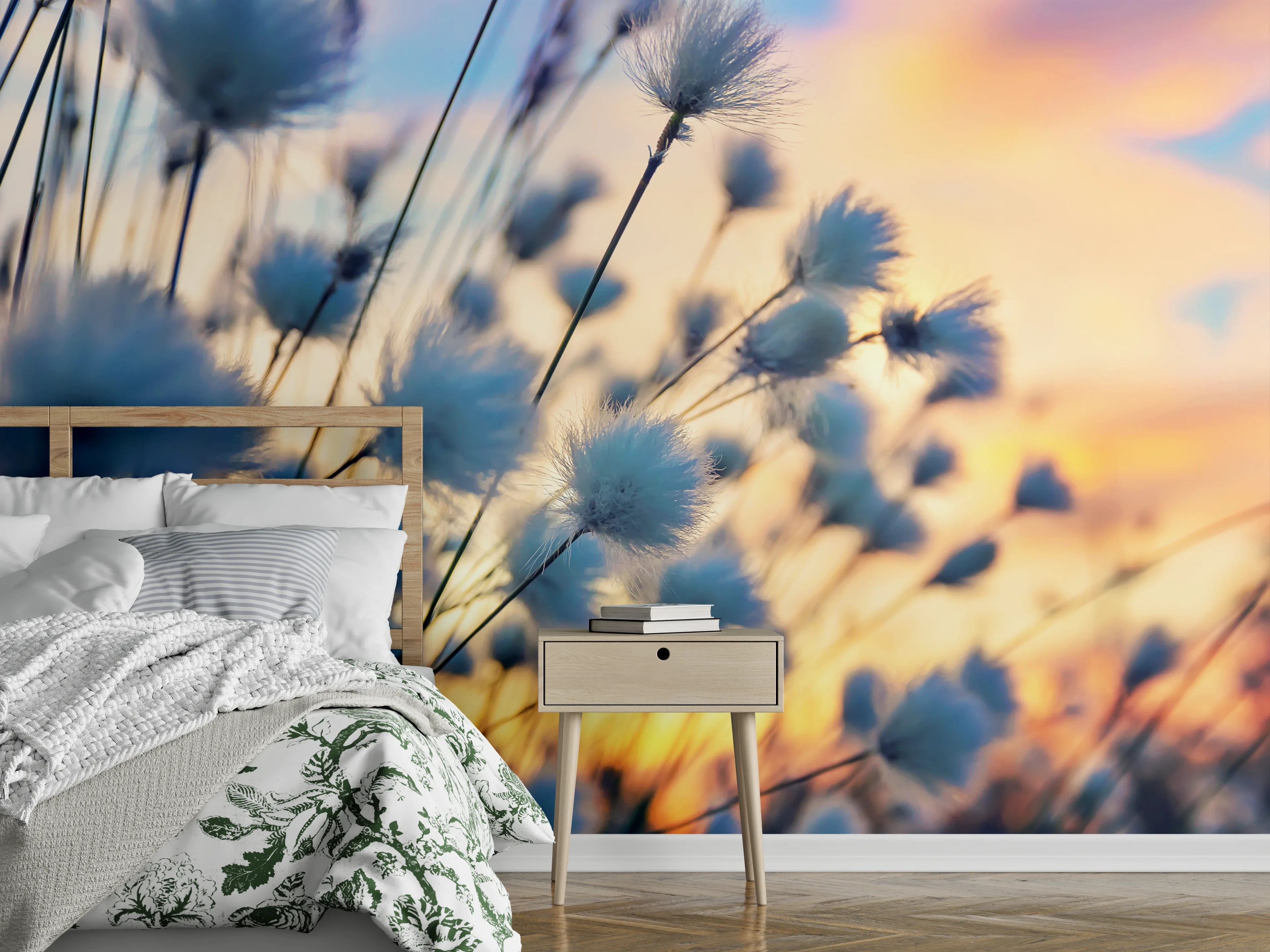 Wandverkleidung Schlafzimmer - Kuschelige Wollgraswiese im Sonnenuntergang