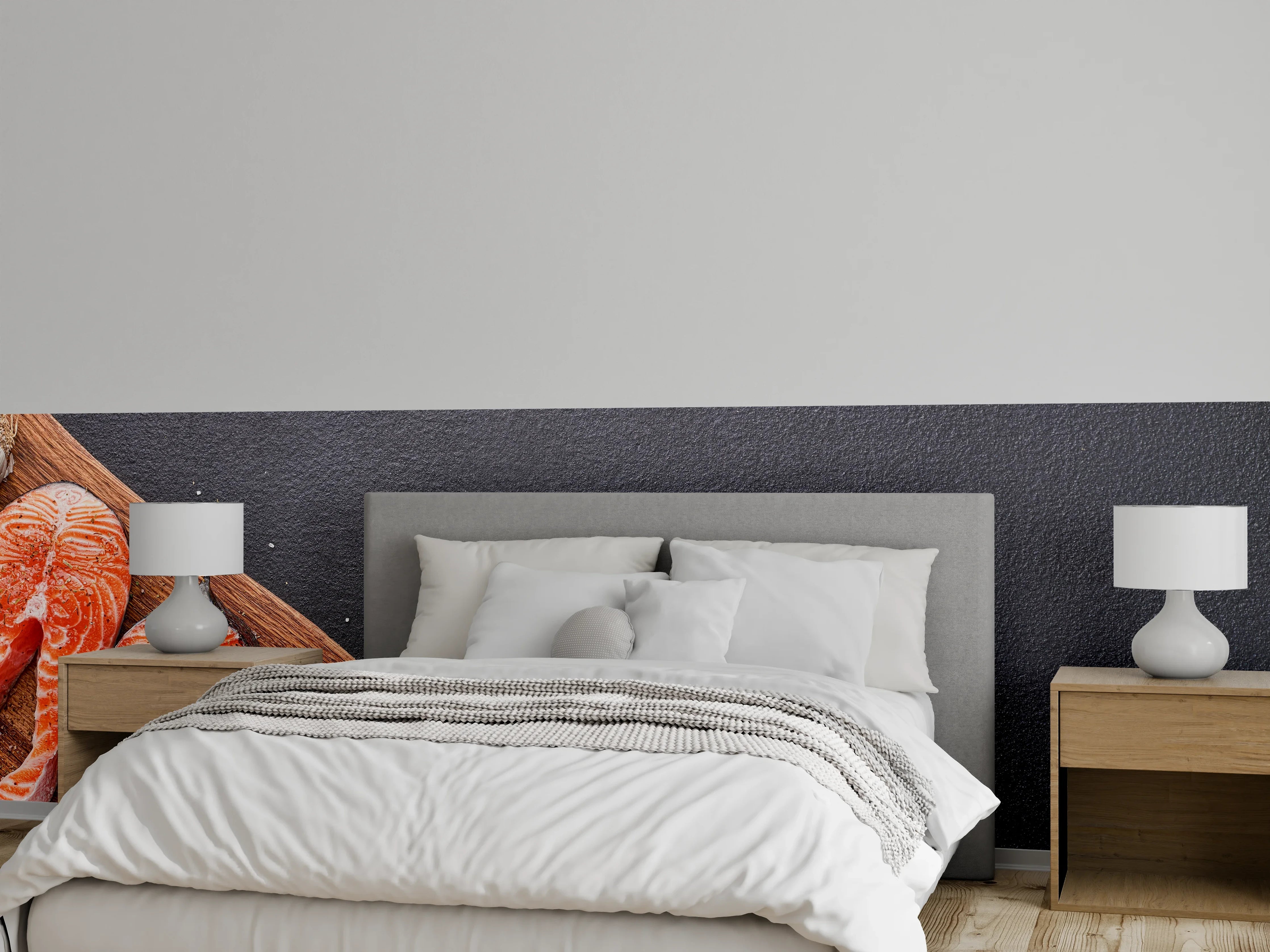 Wandverkleidung Schlafzimmer - Lachssteaks auf Holzbrett