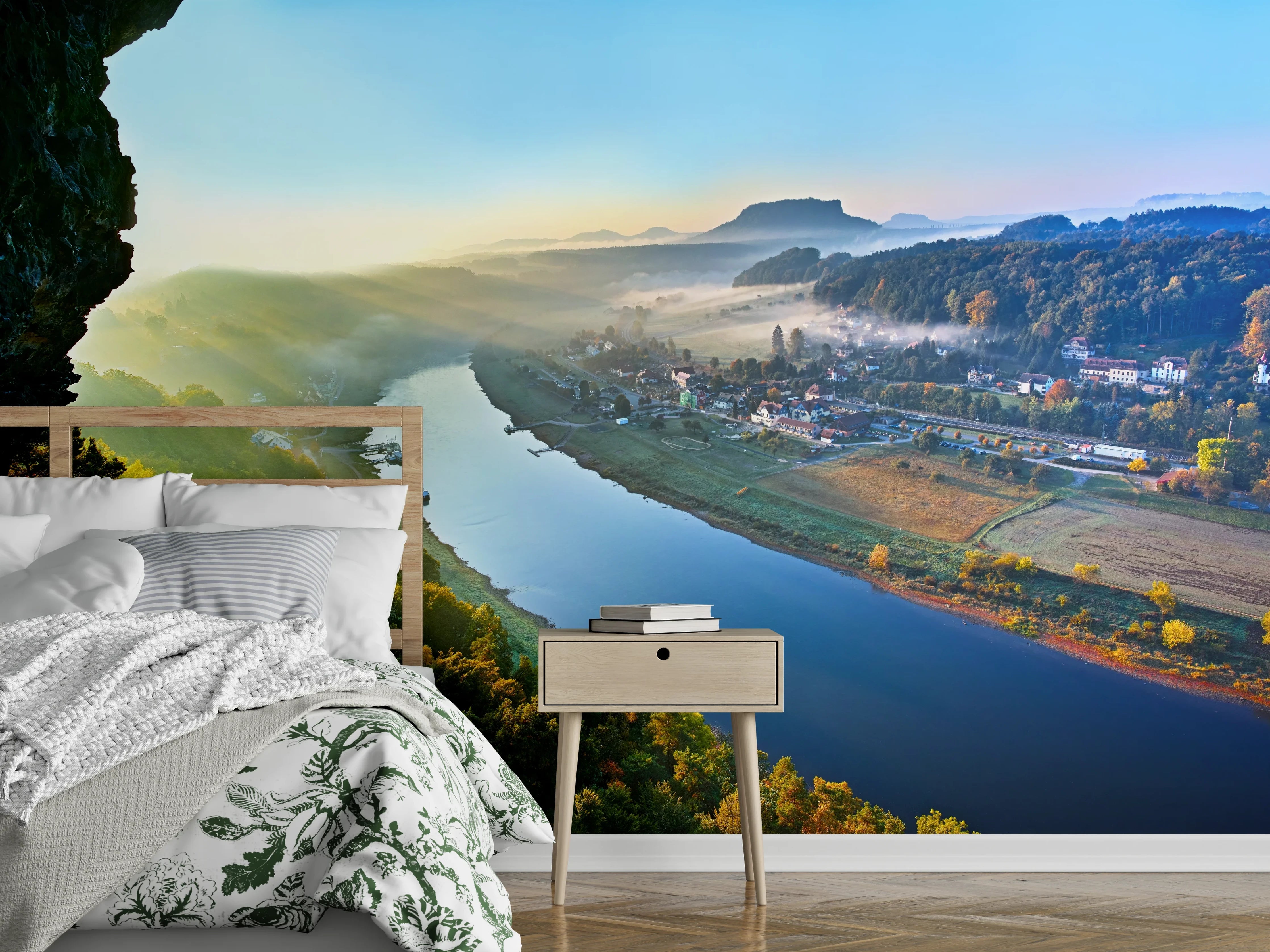 Wandverkleidung Schlafzimmer - Landschaftspanorama Elbtal im Morgenlicht