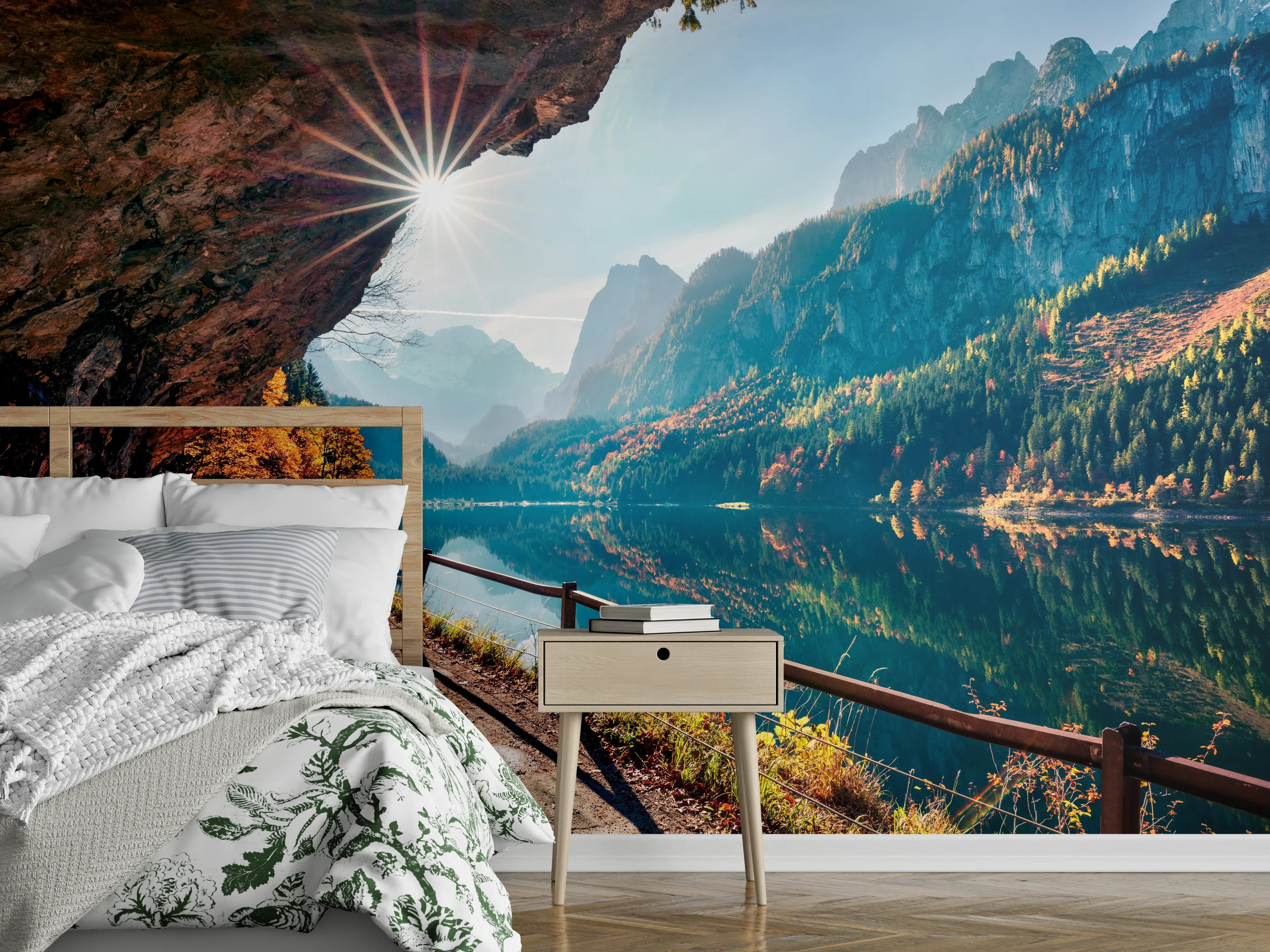 Wandverkleidung Schlafzimmer - Landschaftspanorama am See mit Bergblick