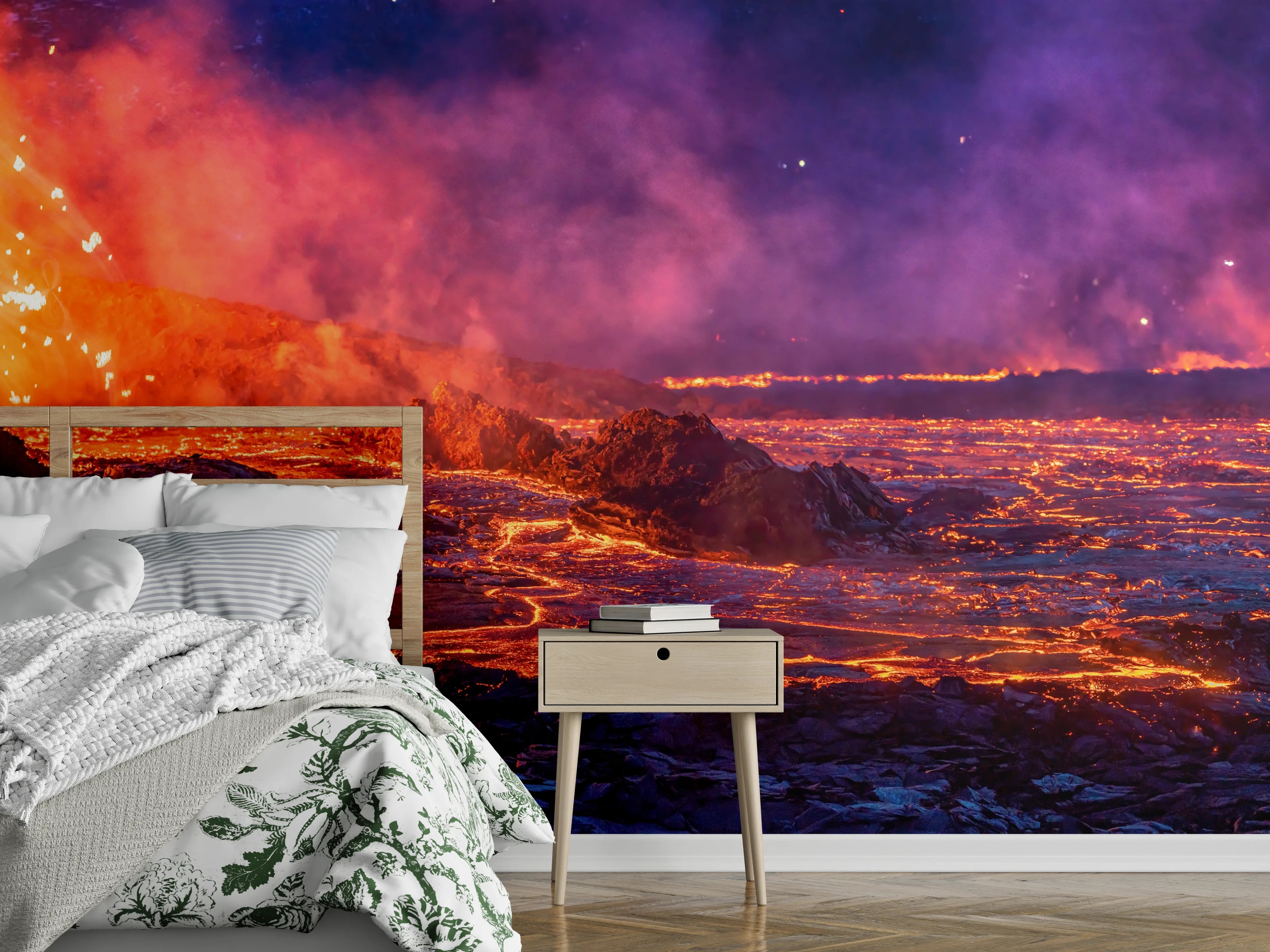 Wandverkleidung Schlafzimmer - Lavastrom aus dem ausbrechenden Vulkankrater