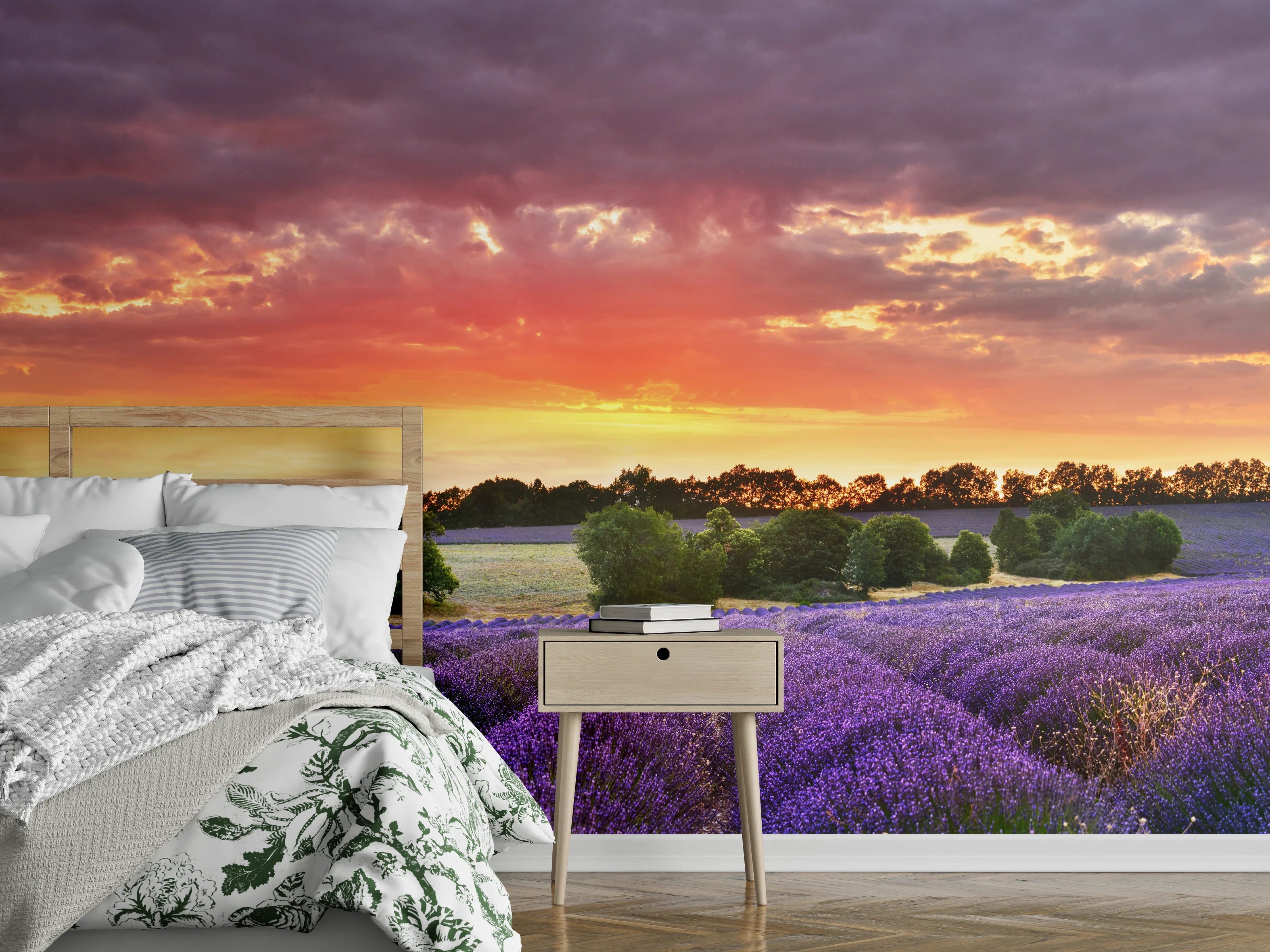 Wandverkleidung Schlafzimmer - Lavendelfeld bei Sonnenuntergang